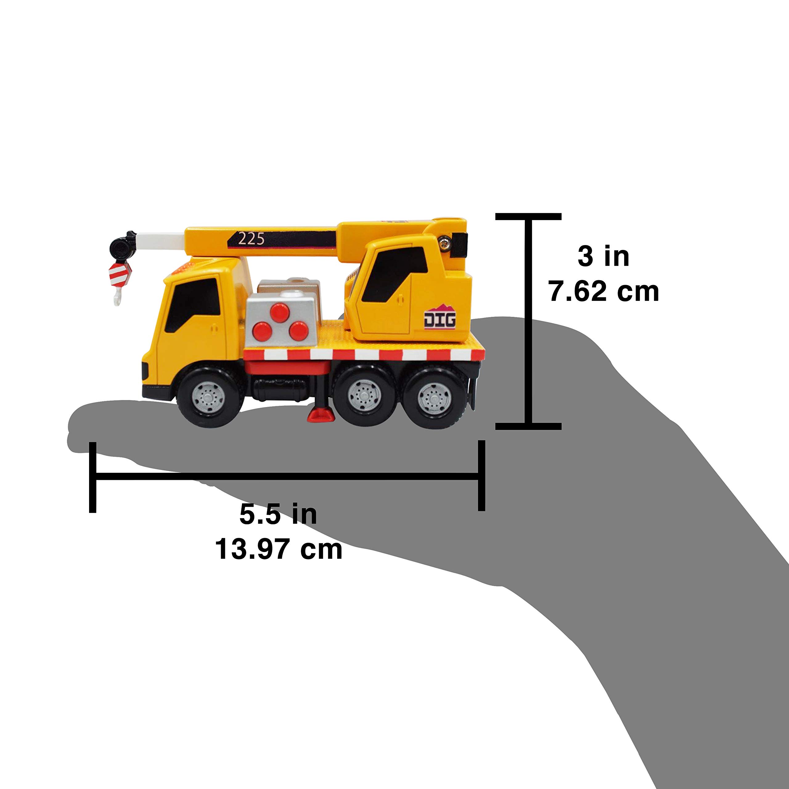 Mini vehículos de construcción paquete de 3 – Vehículo de juguete con luces y sonidos | Incluye cargador frontal de camión volquete y camión grúa – Maxx Action 7