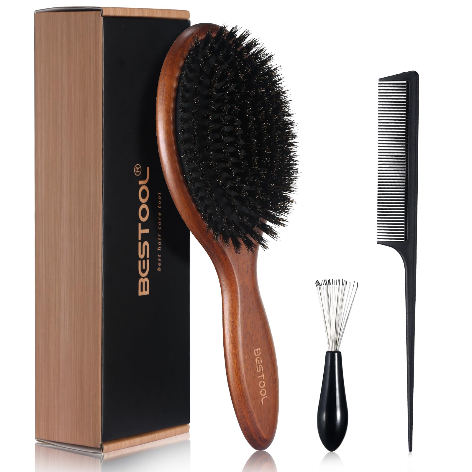 BESTOOL Haarbürste, Wildschweinborsten Bürste für Damen Herren Kinder, Buche Paddel Naturborsten für dünnes, feines Haare, Verbesserung der Haartextur (Buche)