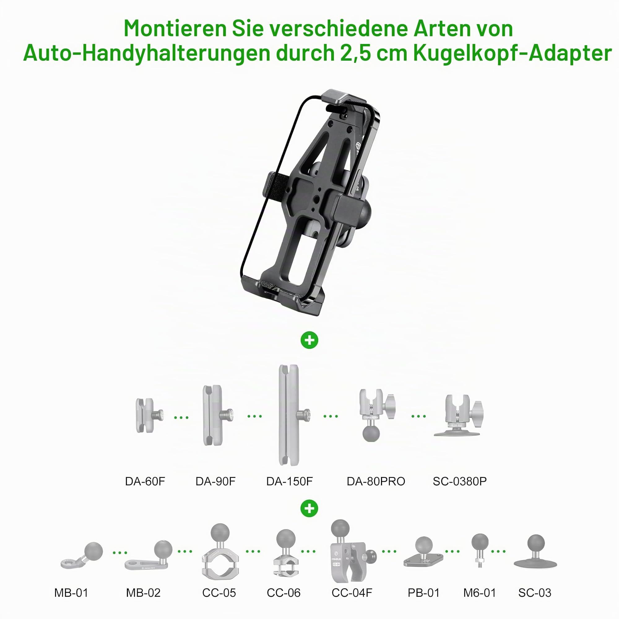 FANAUE CPC-05SA Anti-Vibration-Motorrad-Telefonhalterung mit 2,5 cm Kugelkopf für RAM-Halterungen, B-Größe, Doppelbuchsenarm und Fahrrad-Handyhalter für 5,5-7 Zoll Smartphone, Anti-Locker-Knopf,