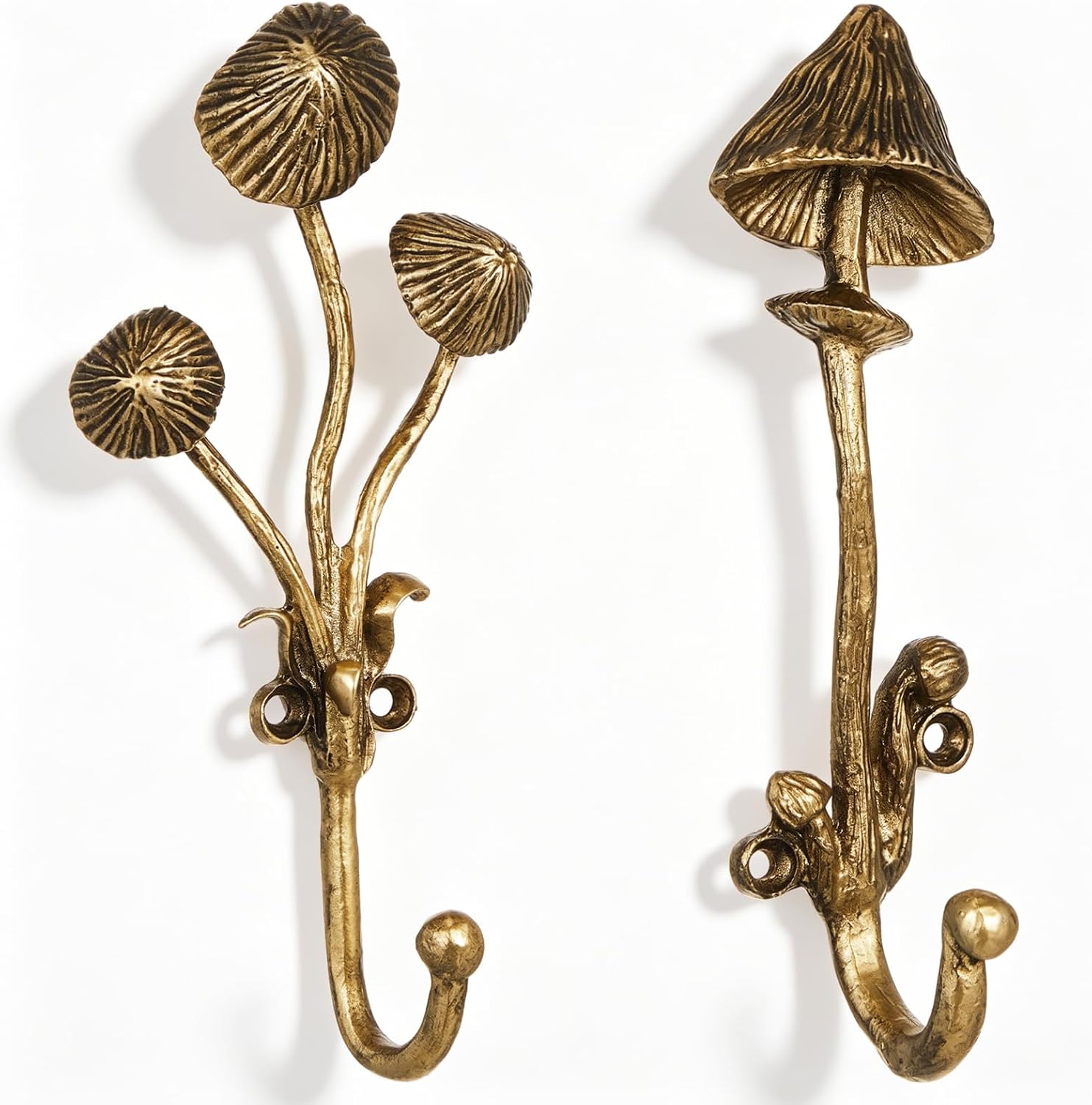 Zonon 2 Pieces Antique Brass 3D Mushroom Hook Whimsical Wall Hooks Metal Mushroom Decorative Wall Hooks Coat Hangers 6.9 Inch Cottagecore Farmhouse Style for Entryway Bedroom Bathroom