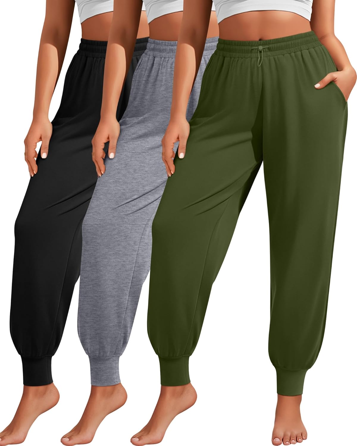 3 Pack Women Plus Size Lounge Joggers Sweatpants Casual Lightweight Yoga Jogger Running Workout Pant with Pockets(Army Green, Light Gray, Black,XX-Large)
