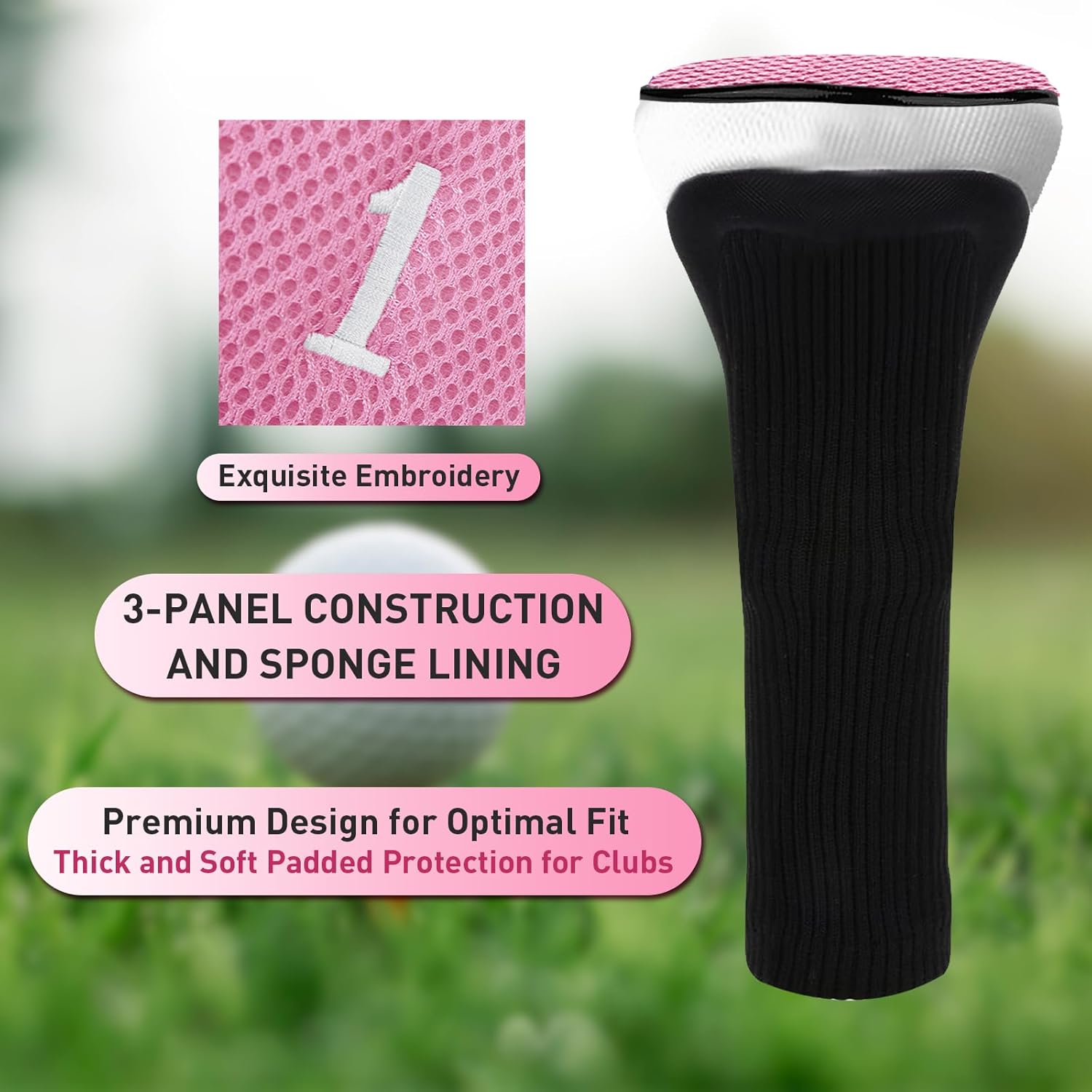 Golf Club Head Covers for Woods Driver Fairway Hybrids Value 6 Pack, Long Neck for Serious Protection with Interchangeable Tags 3 4 5 7 X, Headcovers for Men Women in Black & Pink