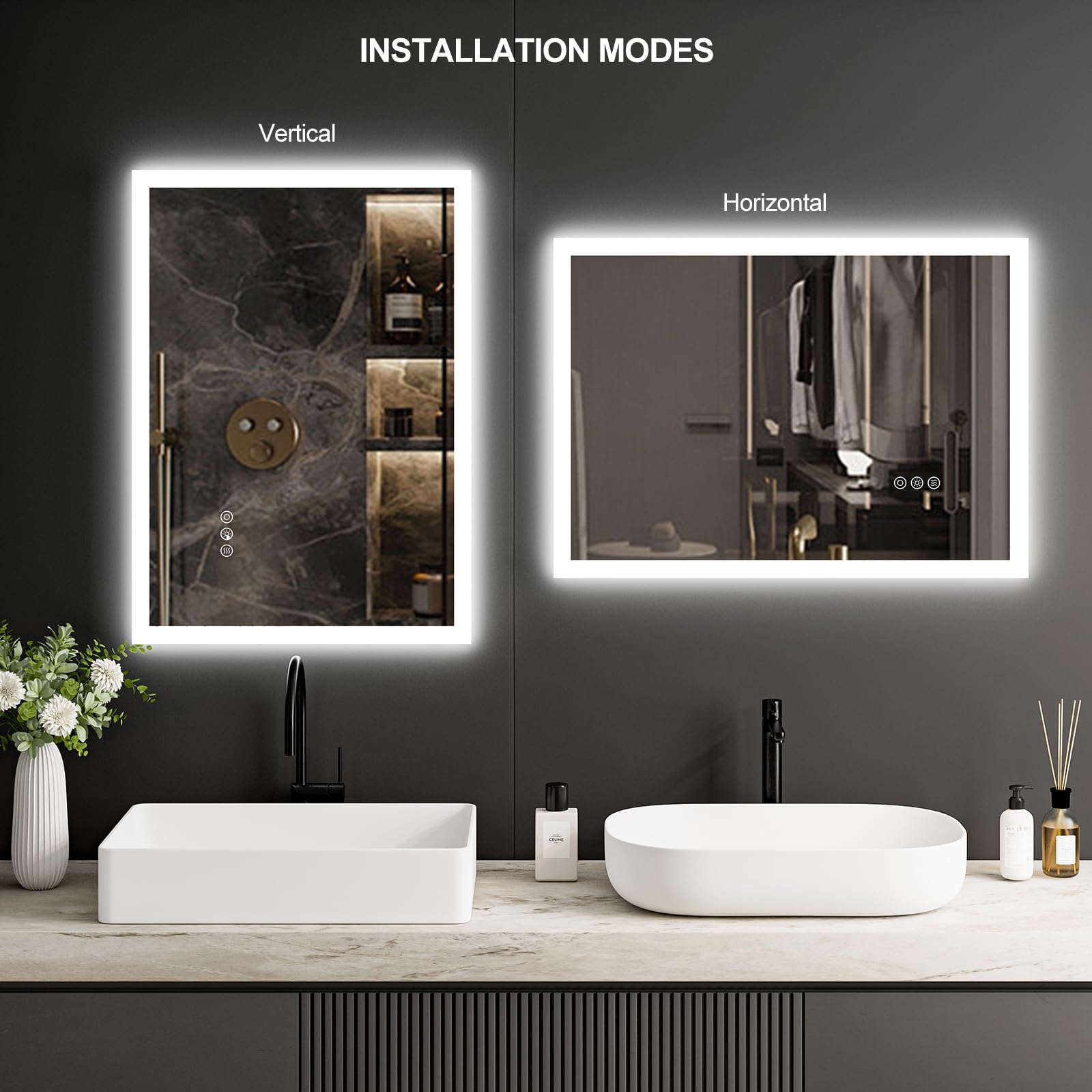 ChillCruiser 450 x 600 mm led-badkamerspiegel, wandmontage, verlichte make-upspiegel, dimbaar, anti-condens, 3-kleuren verstelbare verlichting, geheugenfunctie, horizontale/verticale montage