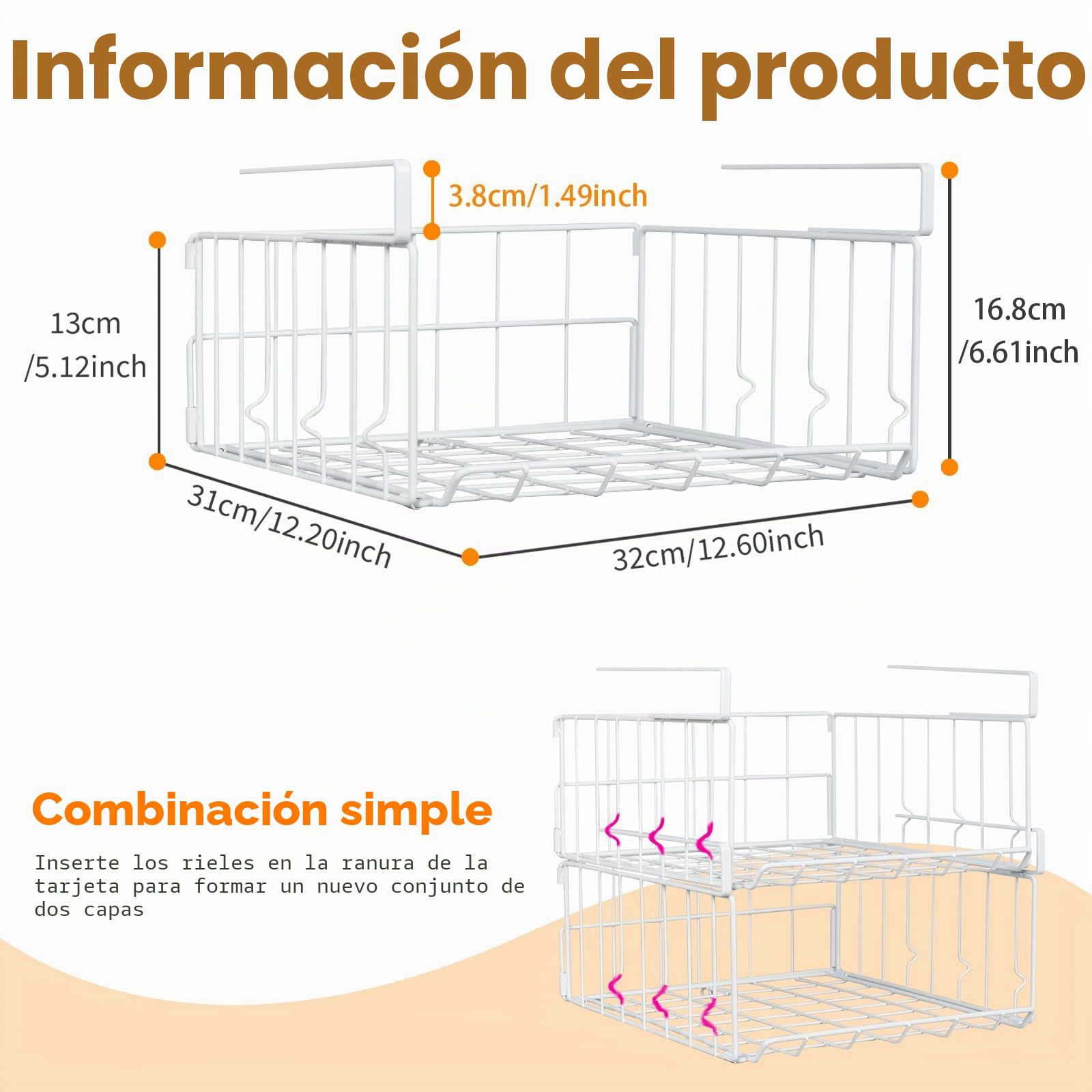 Organizador de cesta plegable para debajo del gabinete, 2 estantes de malla de alambre, ahorro de espacio, resistente y duradero (blanco, 2 unidades)