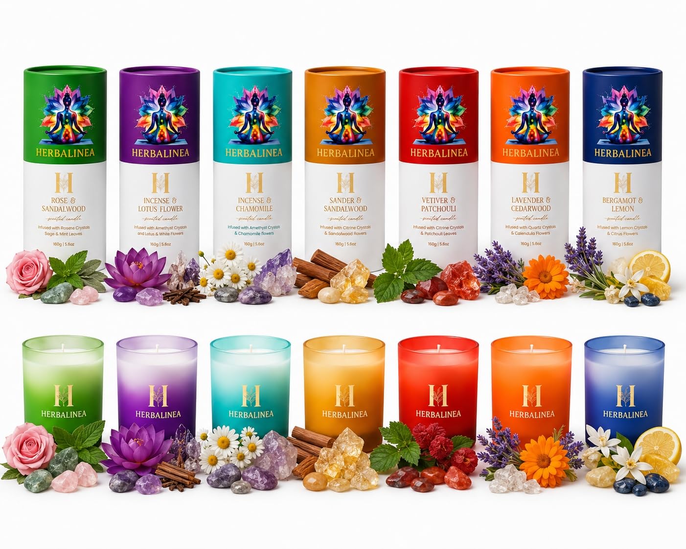 Set 7 Velas Chakra Premium – Velas Aromáticas de Soja con Cristales Naturales y Flores Secas | Pack Espiritual para Meditación, Yoga, Relax y Decoración Zen | Regalo Original