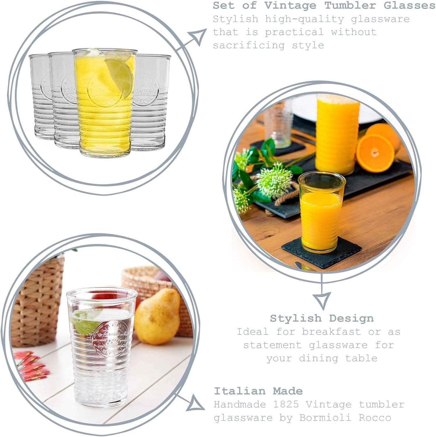 Bormioli Rocco Officina 1825 16 oz. Cooler Drinking Glasses, and Cocktails, Set of 4, Clear