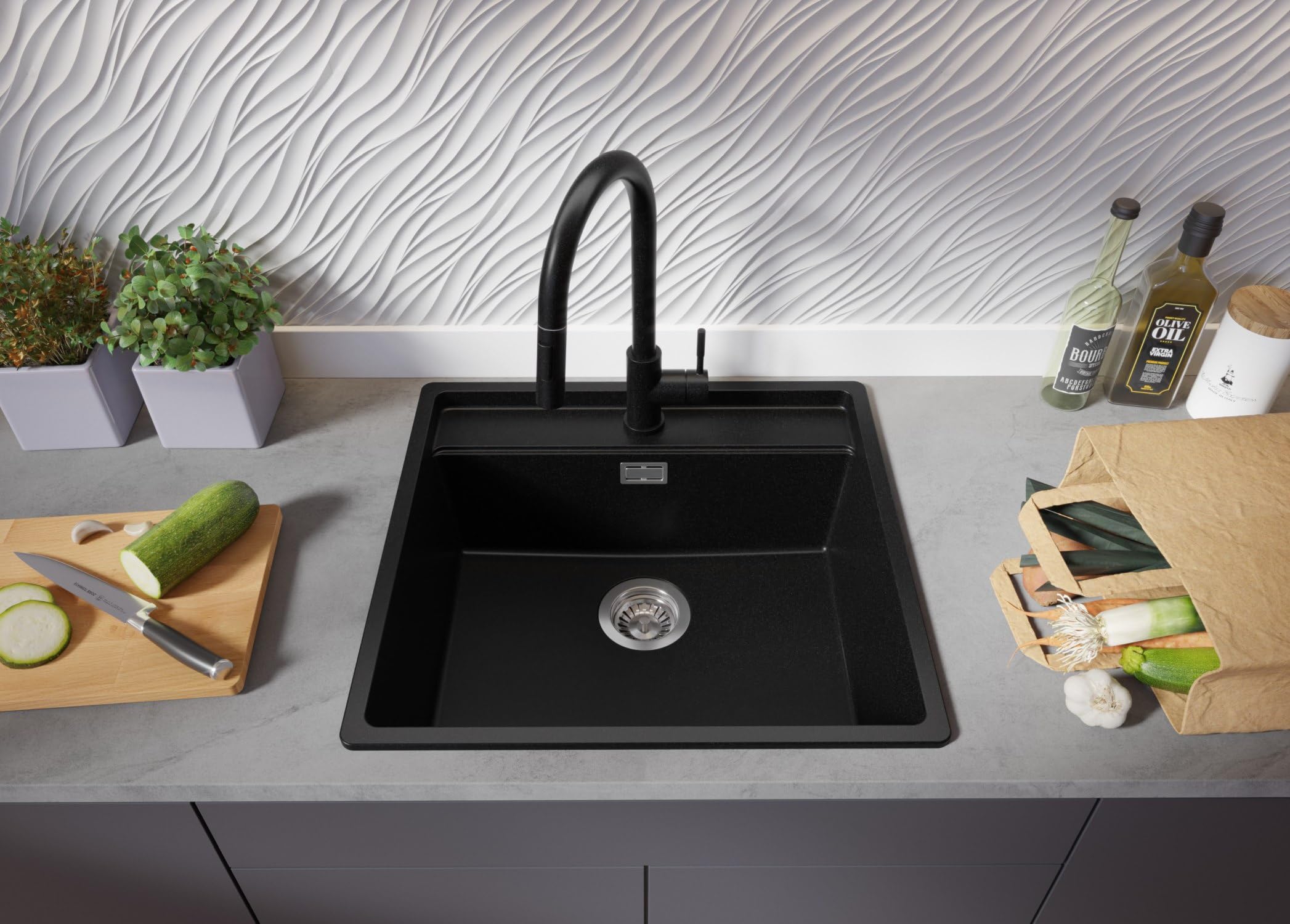 PRIMAGRAN Fregadero Granito Todo Negro - Bergen Low Cut Top Slim, 56x53cm | Cocina 1 Seno + Grifo 38x14cm + Zuberhor-Set, sobre Encimera al Mueble 60cm (S220)