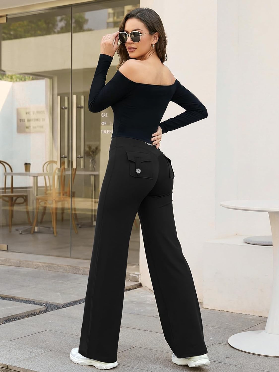 YEOREO Straight Leg Leggings with Pockets Cargo Workout Leggings for Women No Front Seam Hidden Scrunch High Waist Yoga Pants - Image 2