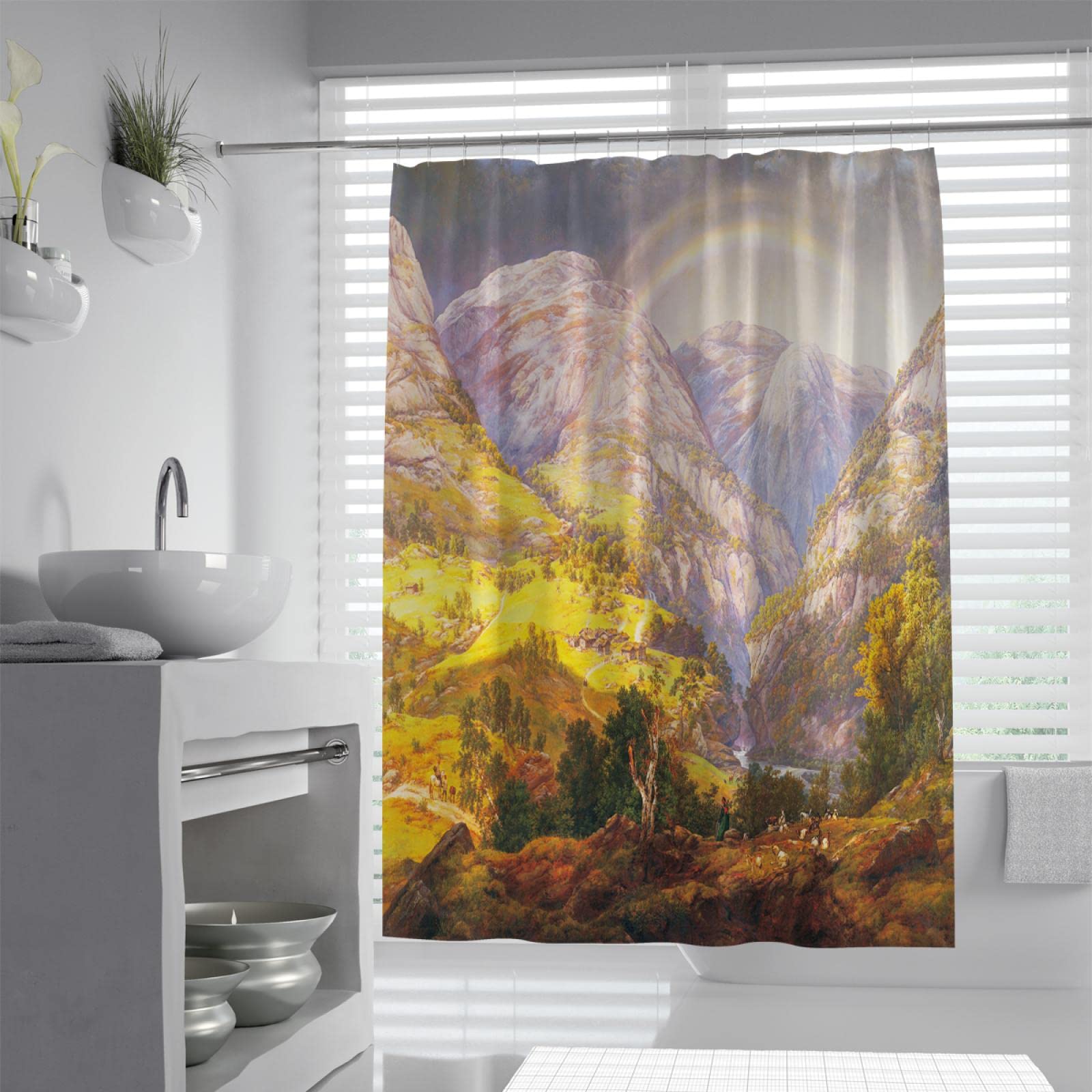 Berg Stoff Duschvorhang, Natur See Kiefern Wald Landschaft Tuch Duschvorhang Liner waschbar, Duschvorhang Haken 220Wx180Lcm