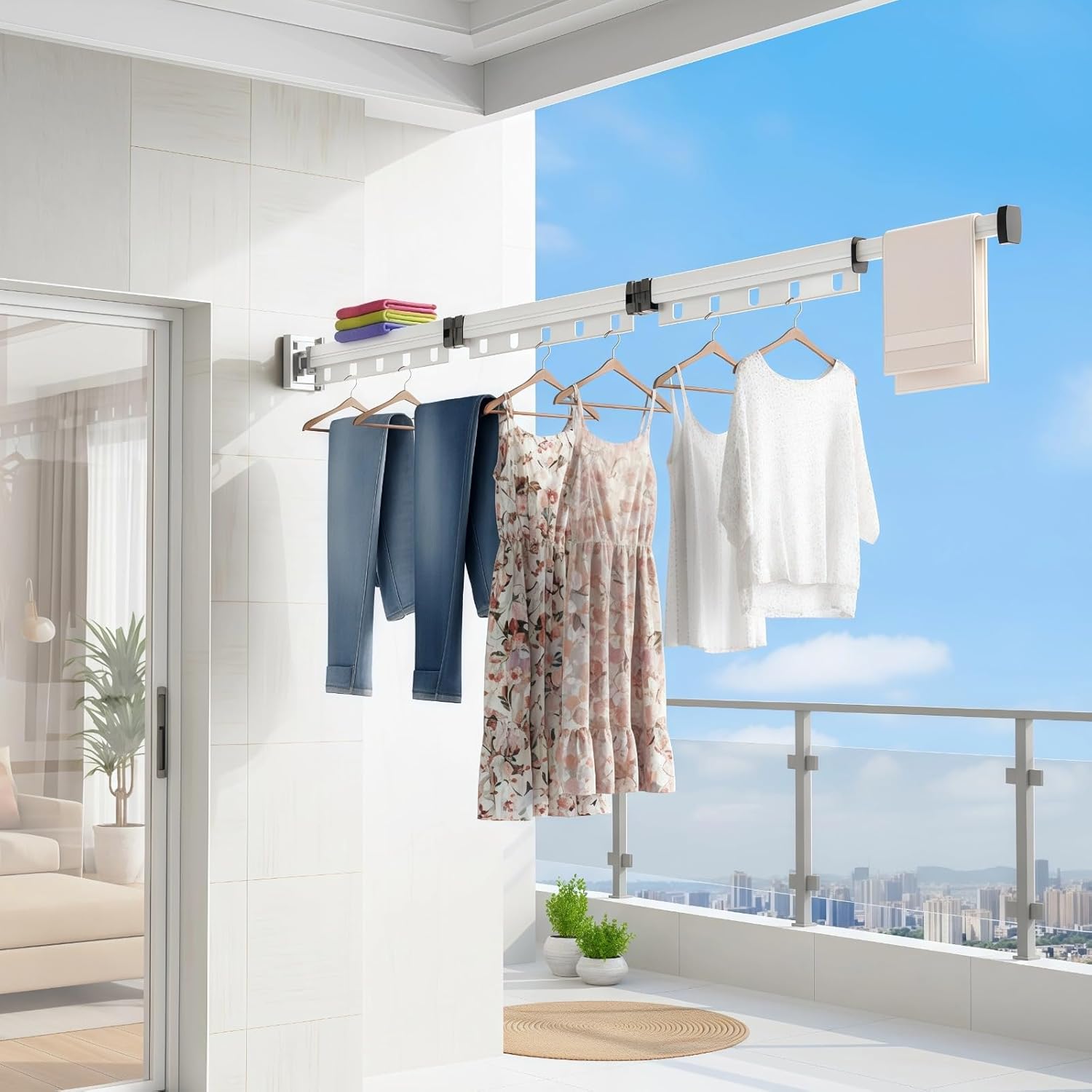 Adjustable Curved Shower Rods for Bathroom, Wall Mounted Clothes Drying Rack, Aluminum Alloy Collapsible Retractable Clothes Drying Rack, 49.6 in, No Drill Option, 15 Hooks, White