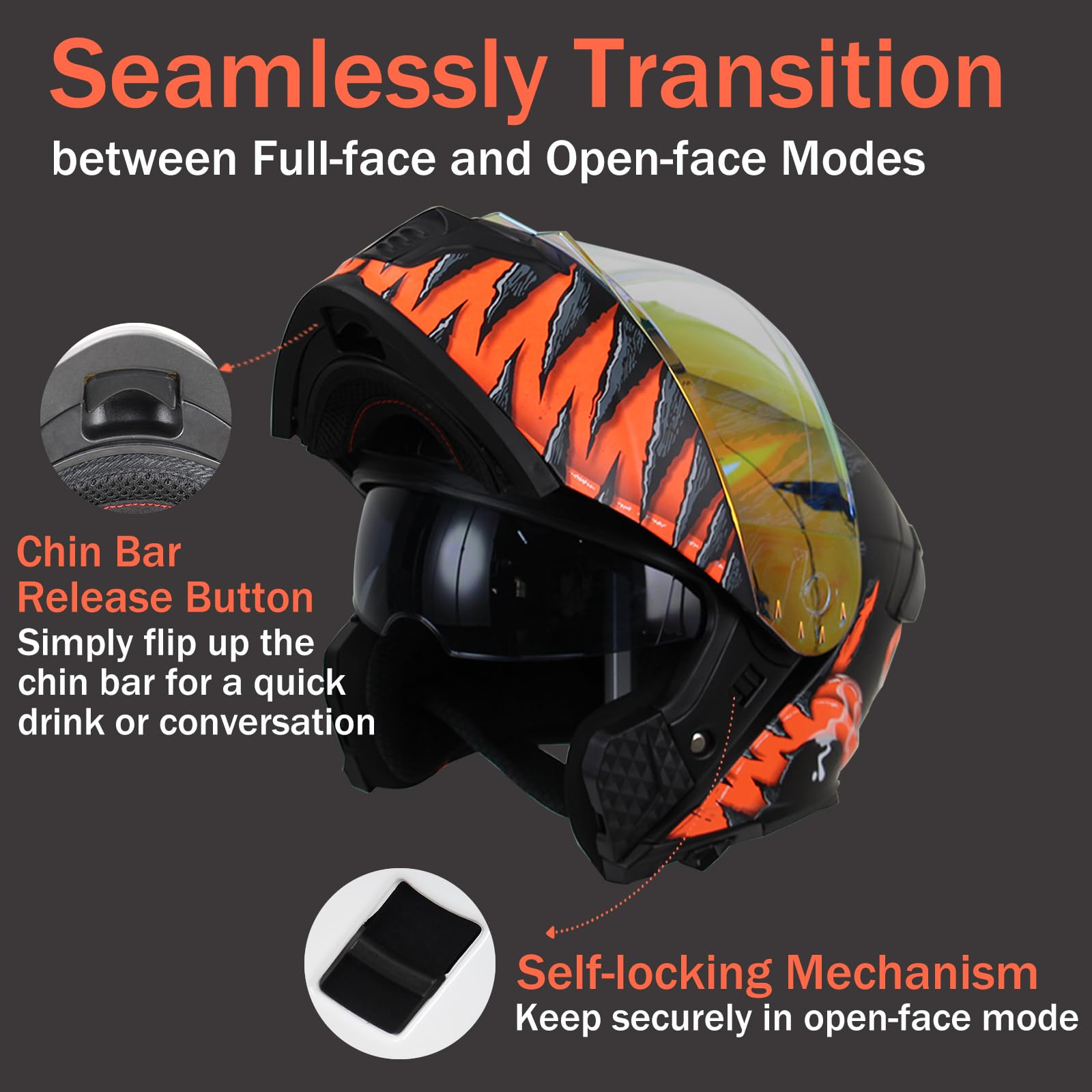 Uchoose Modular Motorcycle Helmet for Men Women, Dual Visor Flip up Motorcycle Helmets DOT Approved Full Face Helmet for Adults, Clear Lens Included