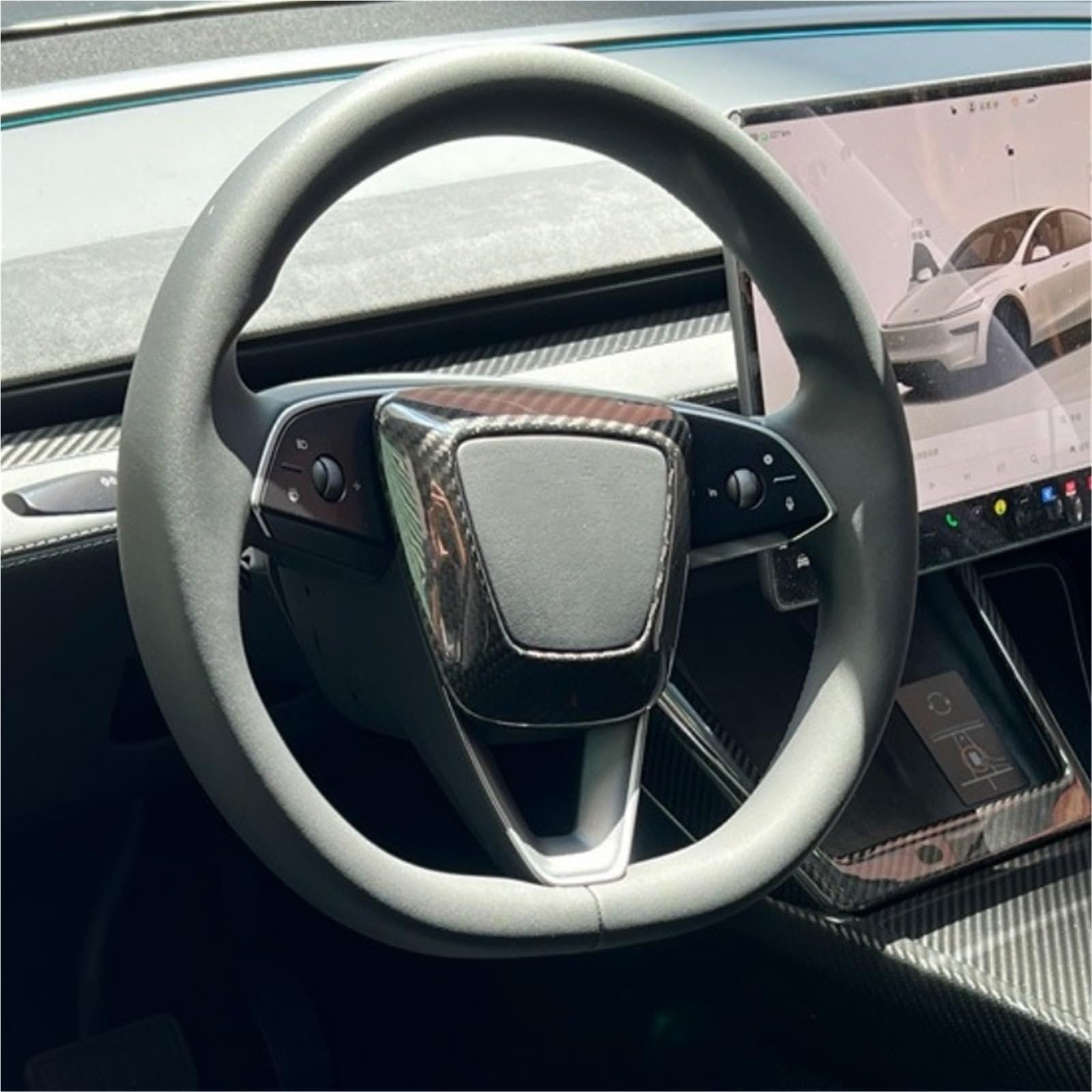 Osłona kierownicy samochodu z włókna węglowego do modelu Tesla 3 Highland Model Y Juniper 2025 + naklejka akcesoria wewnętrzne(Bright Carbon)