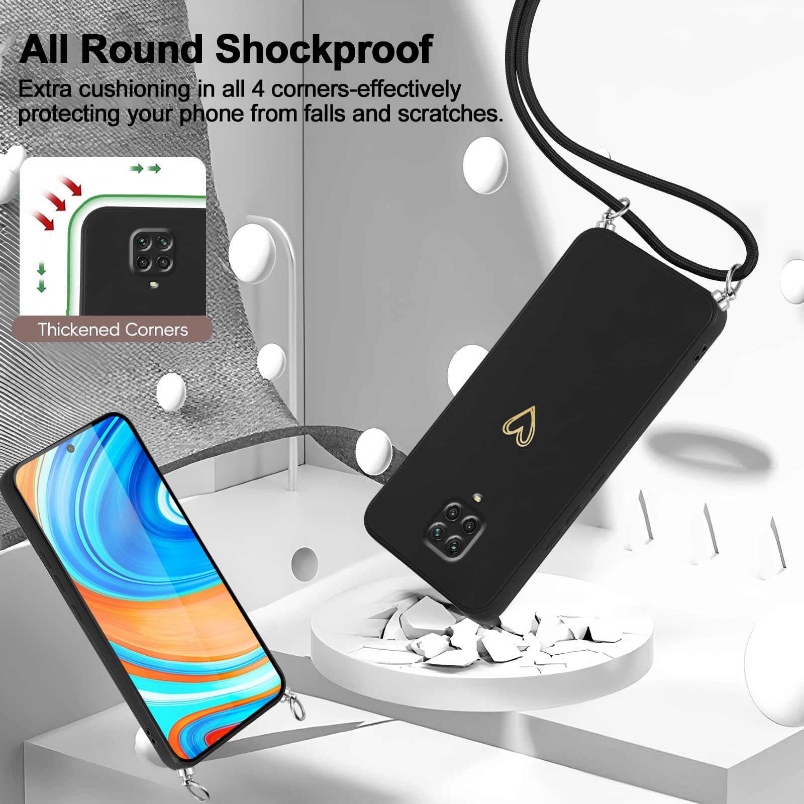 Yutwo Handyhülle Mit Band Für Xiaomi Redmi Note 9 Pro / 9S – Schwarze Silikonhülle Mit Herz-Design & Verstellbarer Kette
