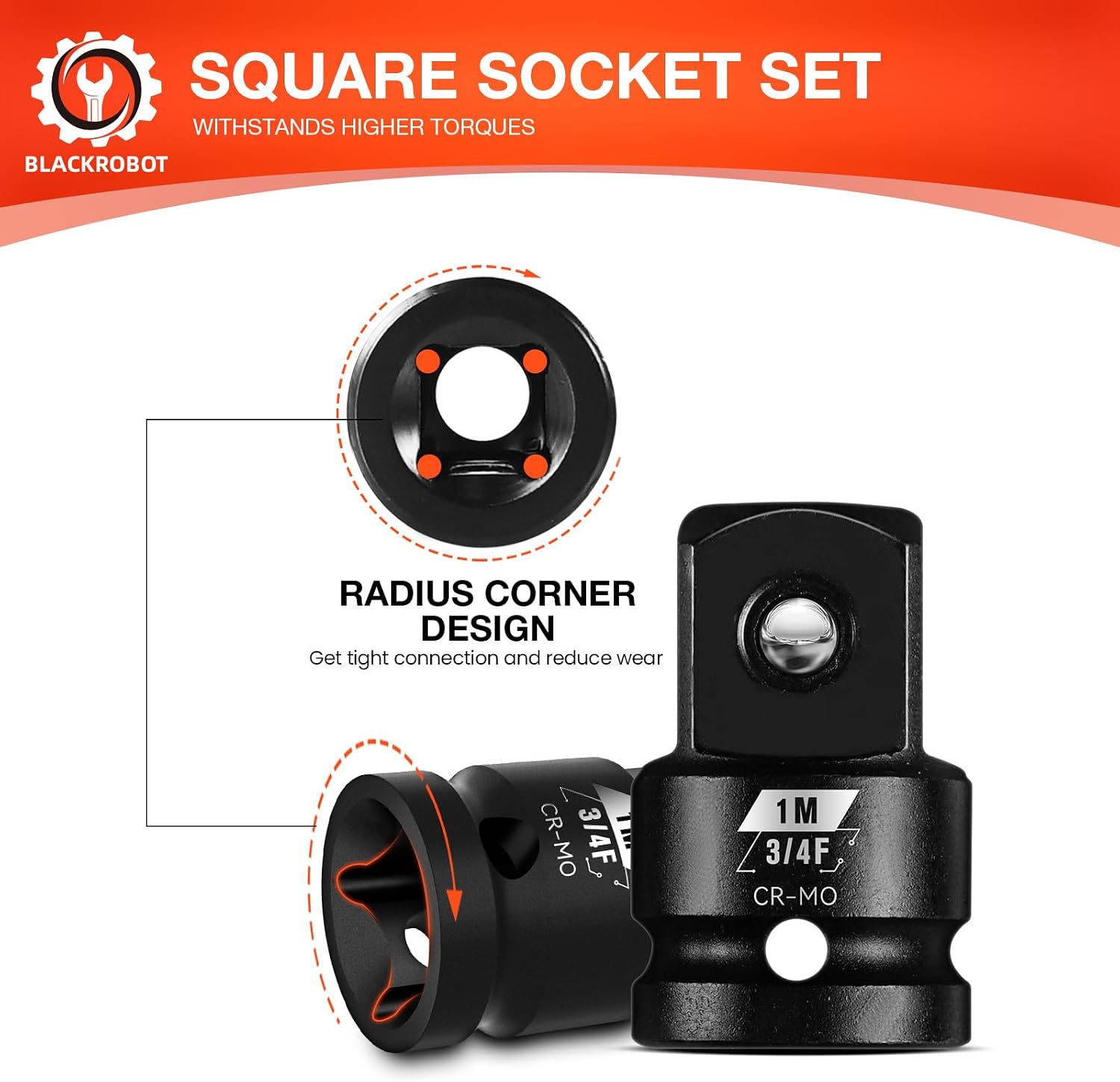 BLACKROBOT 3/4”F To 1”M Impact Socket Adapter, Cr-Mo Steel Exceeds ANSI Standards, Square Drive Reducer for Impact Driver Wrench