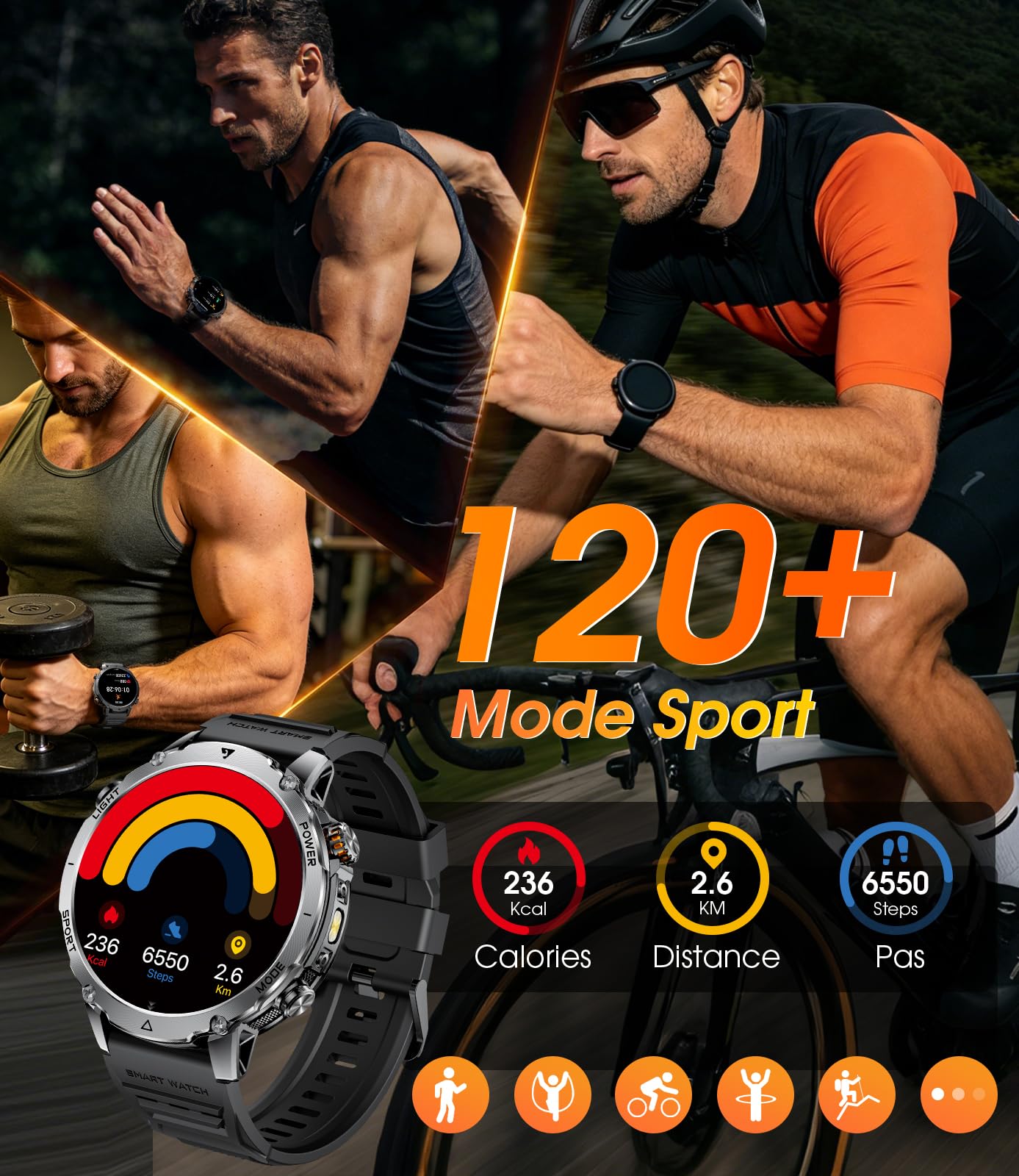 LIGE Montre Connectée Homme, Batterie 1400mAh, Écran HD 1,7 Pouce, Lampe LED, 110+ Modes Sport Montre Militaire Homme, Suivi Sommeil, IP68 Étanche, Smartwatch pour Android iOS, 2 Bracelets, Noir