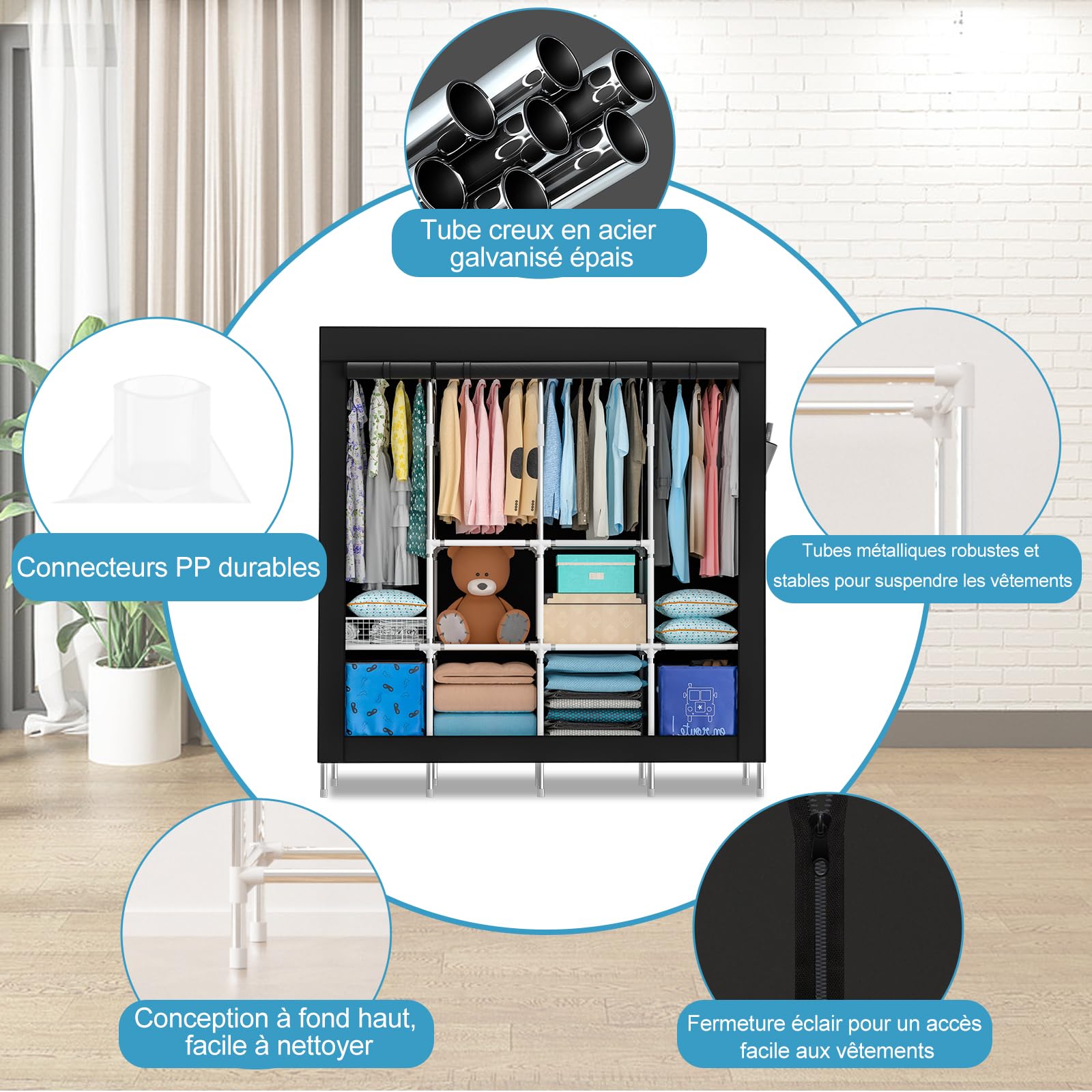 Mihoho Armoire Portable, penderie Suspendue de 170 cm, Portant à vêtements en métal, Armoire autoportante avec Housse en Tissu Oxford, 165 cm x 170 cm x 45 cm (Noir A, Grand)