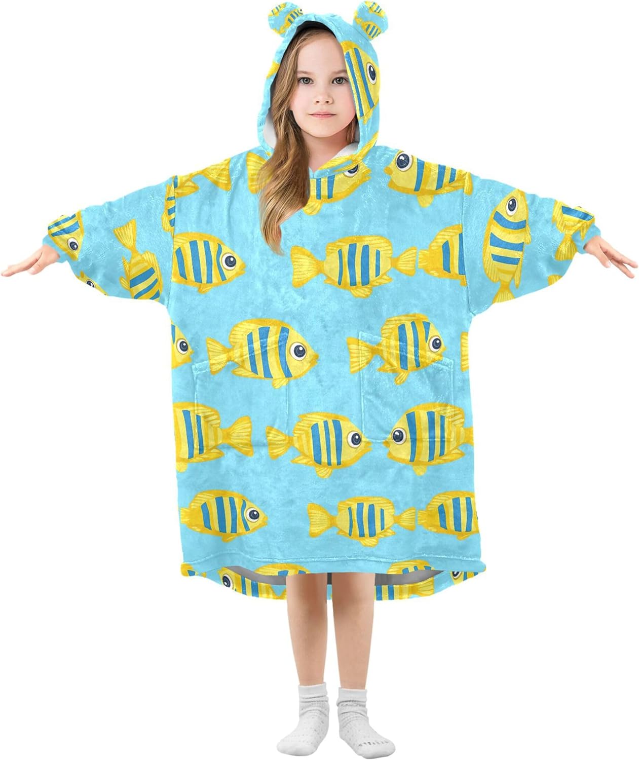 Cute Fish Kids Wearable Blanket Hoodie with Pocket and Sleeves for Toddlers, Cute Hoodies 3-14 Year Girls Boys