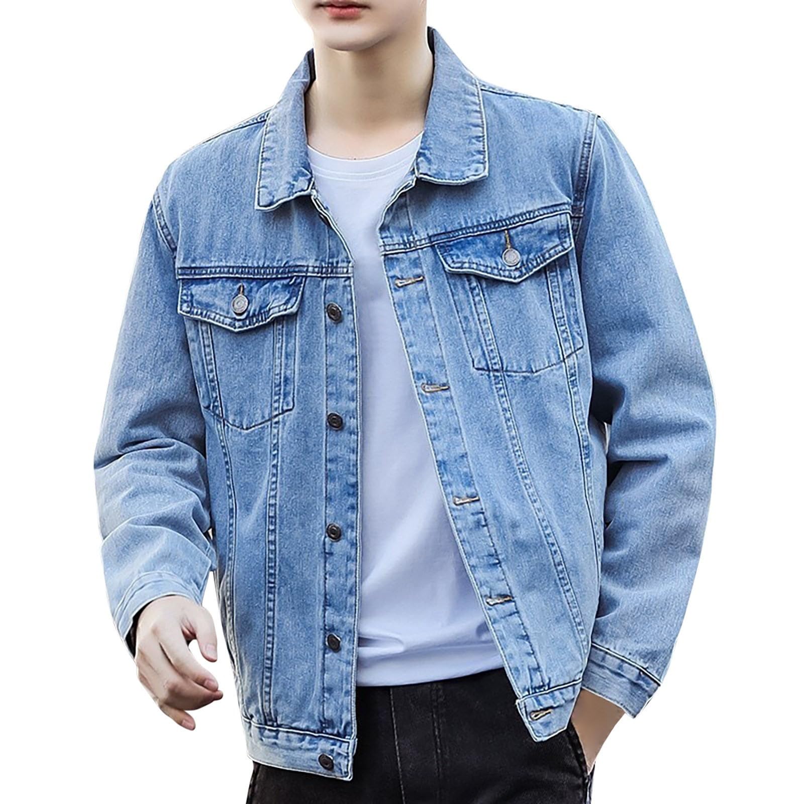 Giacca di Jeans da Uomo, Giacca Primavera Uomo, Risvolto Manica Lunga Giacca di Costume Classico Denim Cotone Loose Tuta Affari Blazer Giacca con Tasche Giubbino Jeans Giacca in Denim Denim Jacket
