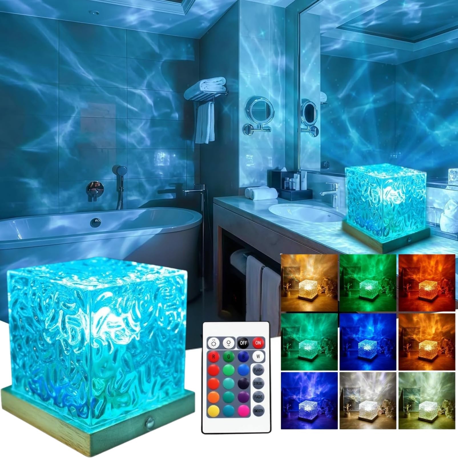 Ocean Wave Projector - 16 Color 3D Ripple Lamp with Remote, Rechargeable Waterproof Rotating Light for Bedroom Bathroom, Dimmable RGB Mood Lighting for Party Bar Beach Decor (Cube-Water Ripple)