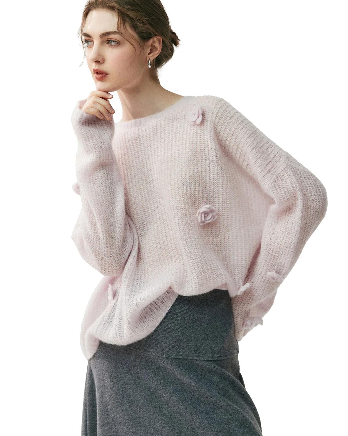 DAISYSILK Oversize Flower Knit Silk Cashmere Sweater for Women 3D Floral Knit Crew Neck Soft Lightweight Cashmere Jumper