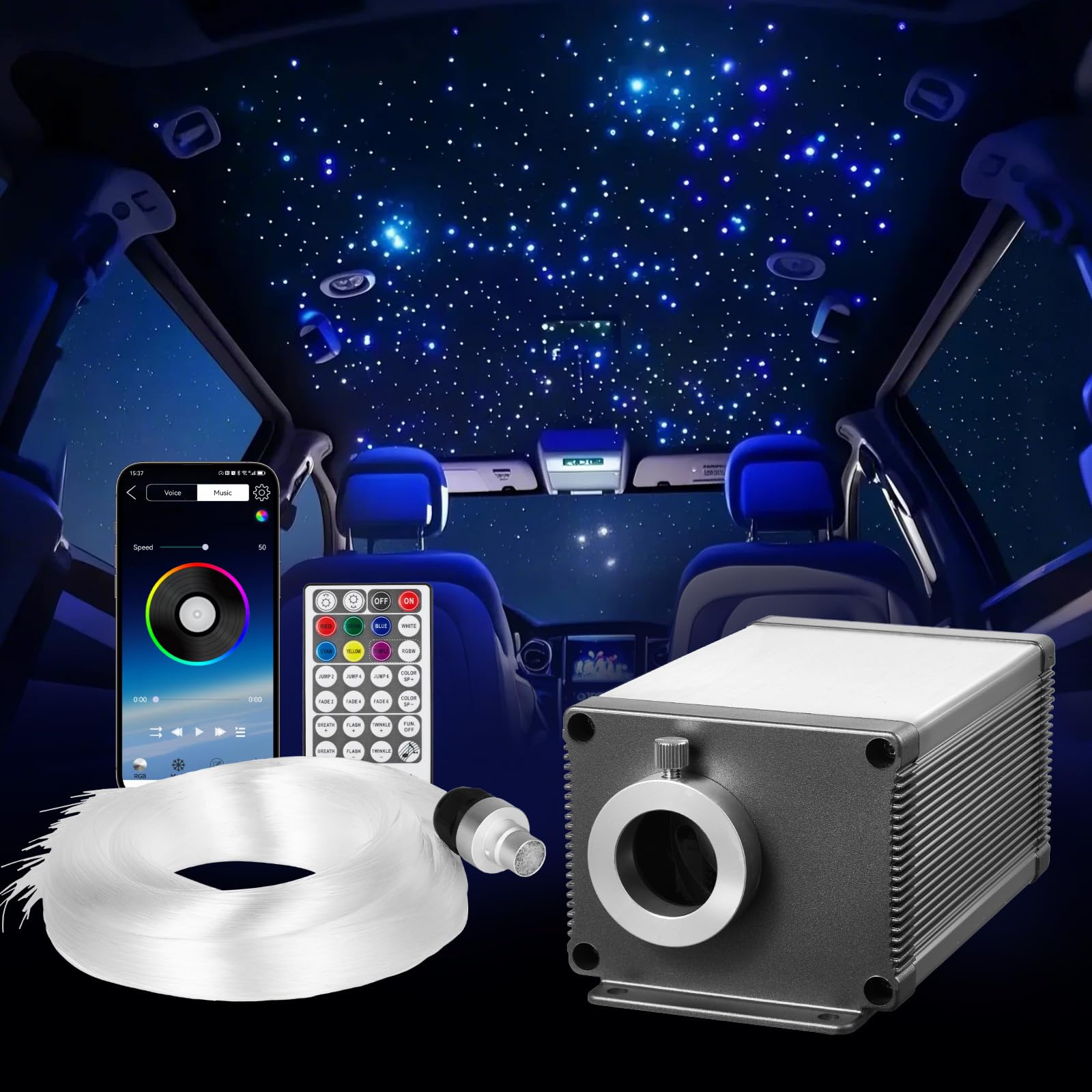 VEVOR Starlight Headliner Kit, 550pcs 0.03in 9.8ft, 16W Twinkle Fiber Optic Star Ceiling Lights for Car, Bluetooth APP, Remote Control, Sound Activated, RGBW Light Engine, for Home Bed Room Glow Decor