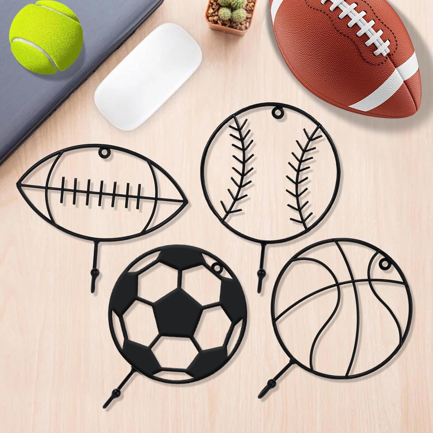 4 Pcs Basketball Room Decor Vintage Sports Wall Hooks Decorative Basketball Metal Coat Hooks Wall Mounted Sports Theme Bathroom Decor Towel Hanger for Home Entryway Playroom Hats Keys image 3