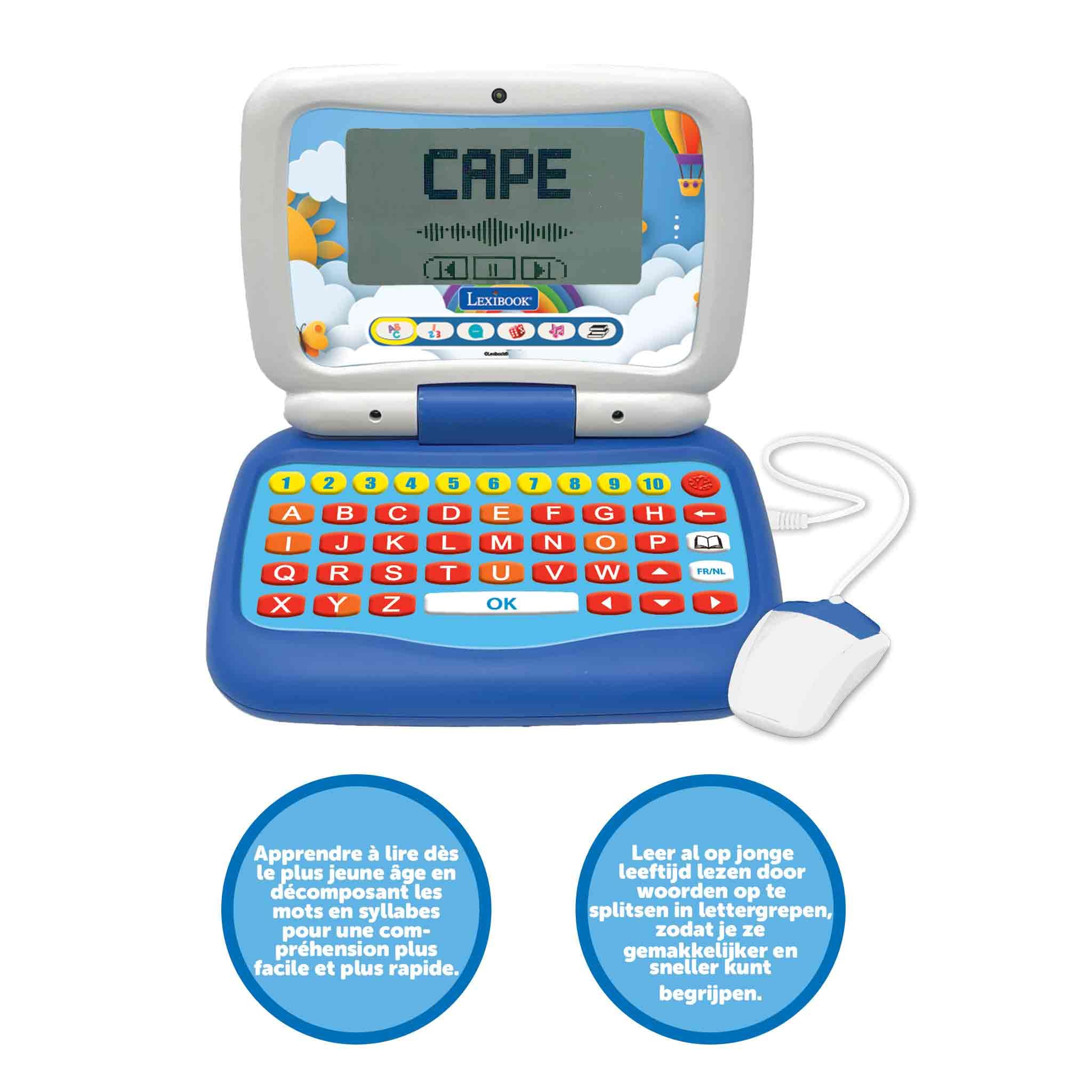 Lexibook, Power Junior, francuski/holenderski dwujęzyczny laptop edukacyjny z 40 aktywnościami, w tym nowy sposób nauki czytania i liczenia, JC398i10, niebieski/biały