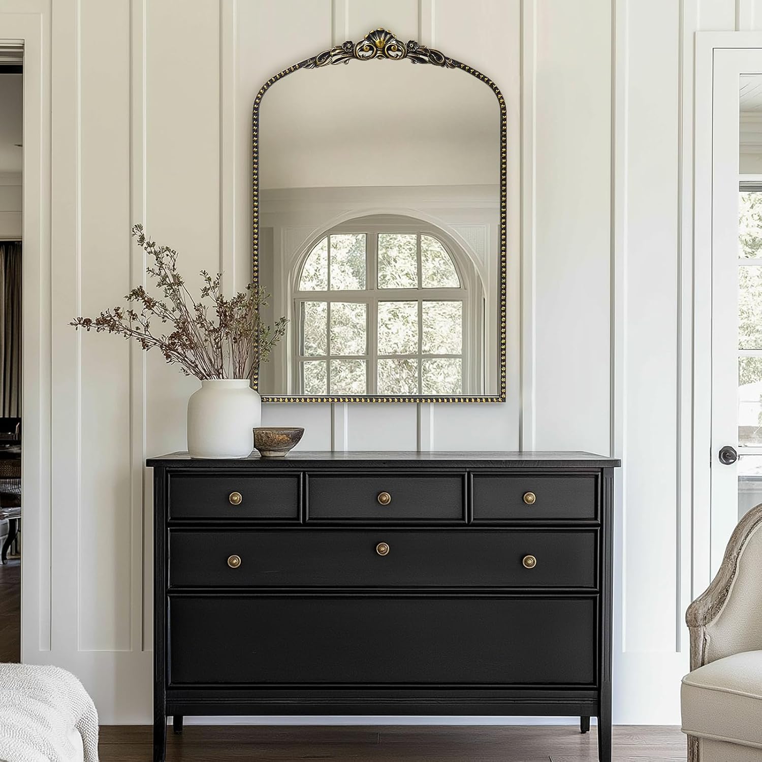 G-LEAF Vintage Baroque Mirror 24"X36", Victorian Antique Farmhouse Mantel Mirror with Black Brush Gold Ornate Metal Frame for Fireplace Entryway Living Room Hallway Bathroom