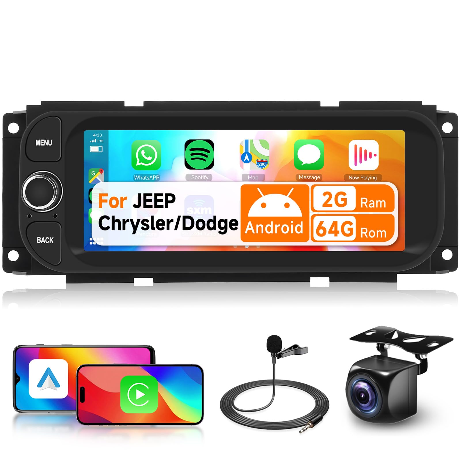 2G&64G 6.9" Autoradio per Jeep Grand Cherokee Wrangler Liberty Chrysler Grand Voyager 300M PT Cruiser RAM 1500 2500 con Carplay Android Auto,Bluetooth RDS/FM Radio,WiFi GPS/Telecamera posteriore AHD