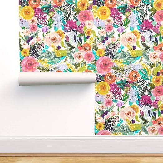Amazon Spoonflower はがして貼れる はがせる壁紙 大きな花柄 ピンク イエロー モッド 明るい 大胆 カラフル 大規模 夏 室内装飾プリント 自己粘着壁紙 24インチ X 108インチ ロール 壁紙