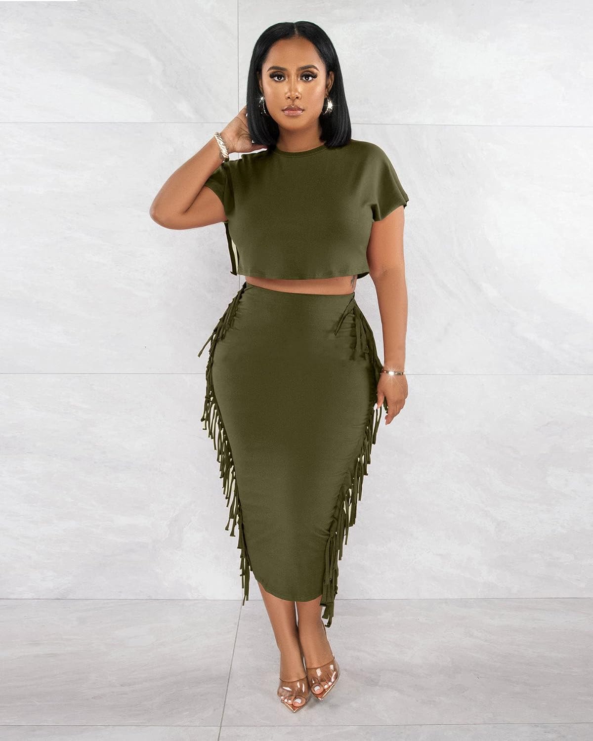 YUEWOO 2 Piece Outfits for Women Sexy Crop Top Ruched Bodycon Maxi Dresses Fringe Skirt Sets Night Club Jumpsuits