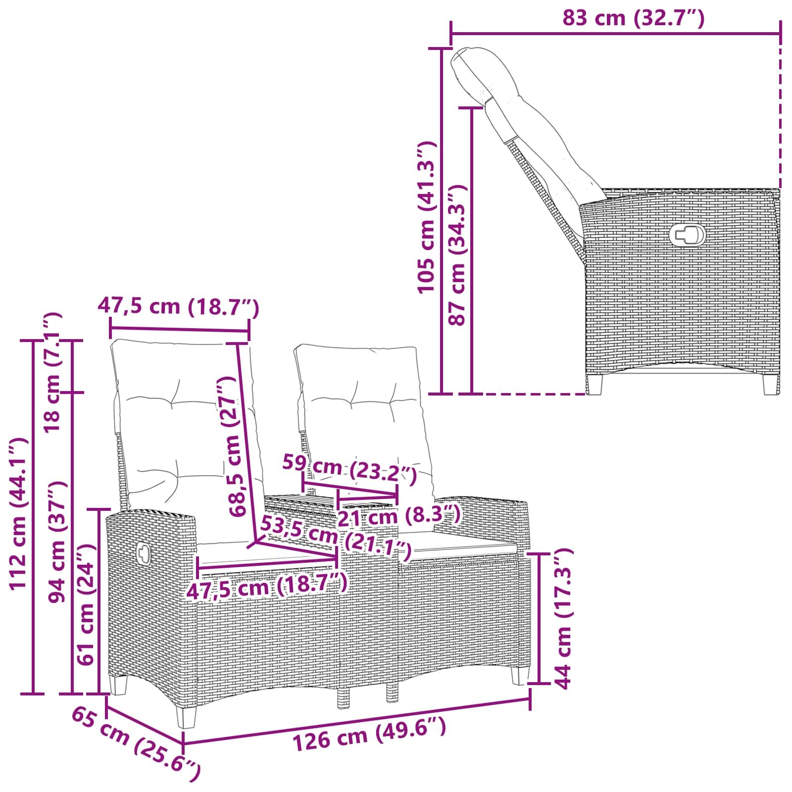 Liegebank mit Tisch Beige Hellgrau 126 x 65 x 112 cm Gartenbank Balkonbank Terrassenbank mit Verstellbarer Rückenlehne und integriertem Tisch für Entspannung im Outdoor-Bereich