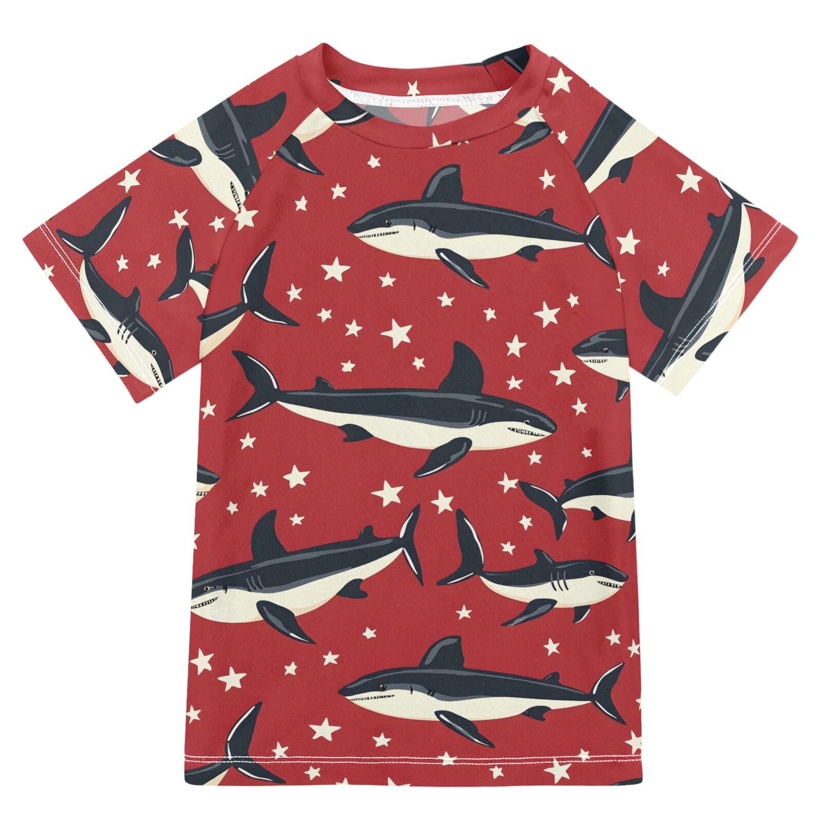 ALAZA Kids Rash Guard Boys Toddler Swim Shirts Short Sleeve Star Shark Red UPF 50+ 3T