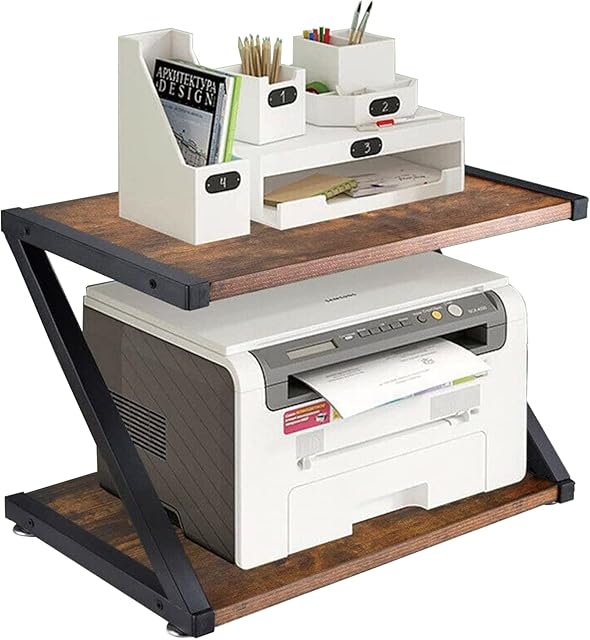 Desktop Printer Stand Holder ,Rustic Printer Table With Storage Shelves Fax Shelf File Rack,2-Tier Retro Desktop Desk Storage Shelf Organizer for Fax Machine, Scanner, Books (Wood Brown)
