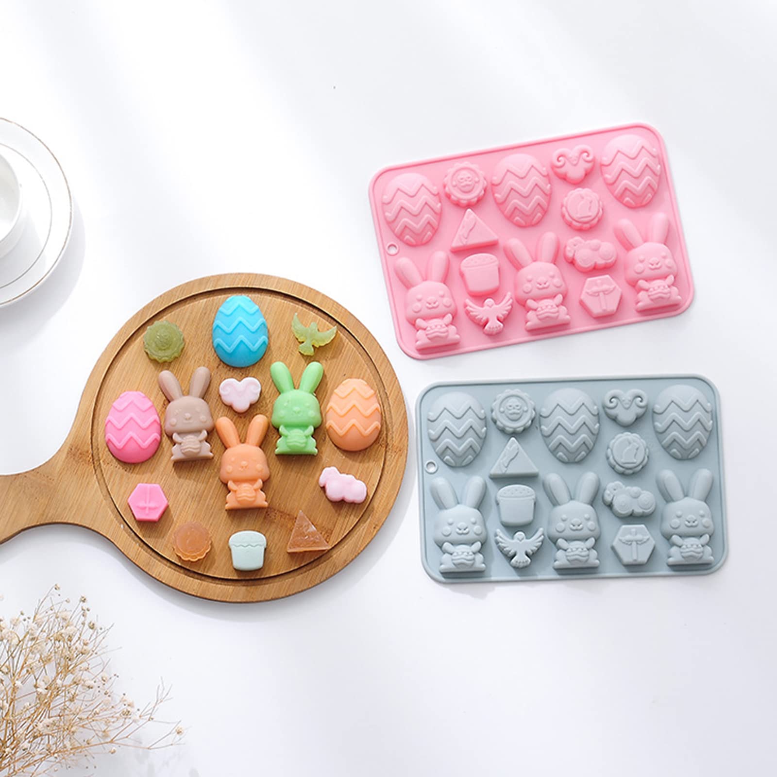 Easter Rabbit Bunny Egg Silicone Mold Cookie Mold Biscuit Press Stamp Molds Soap Chocolate Mousse Food Mold Cake Decorations DIY Easter Baking Mold Bakeware Trays Cupcake Topper Decoration (Blue)