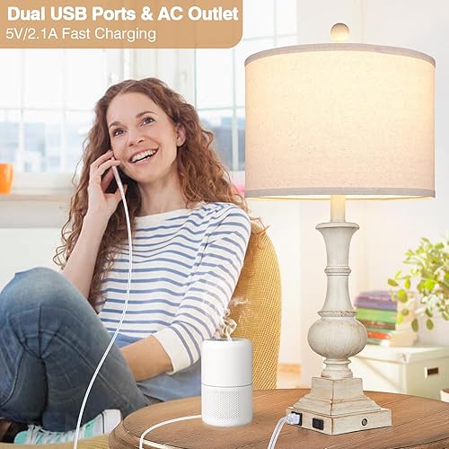 Miniatura 2 de 26" Farmhouse Table Lamp, Vintage Rustic Touch Control Bedside Lamp with 2 USB Ports & AC Outlet, Boho Resin 3-Way Dimmable Nightstand Lamp Linen