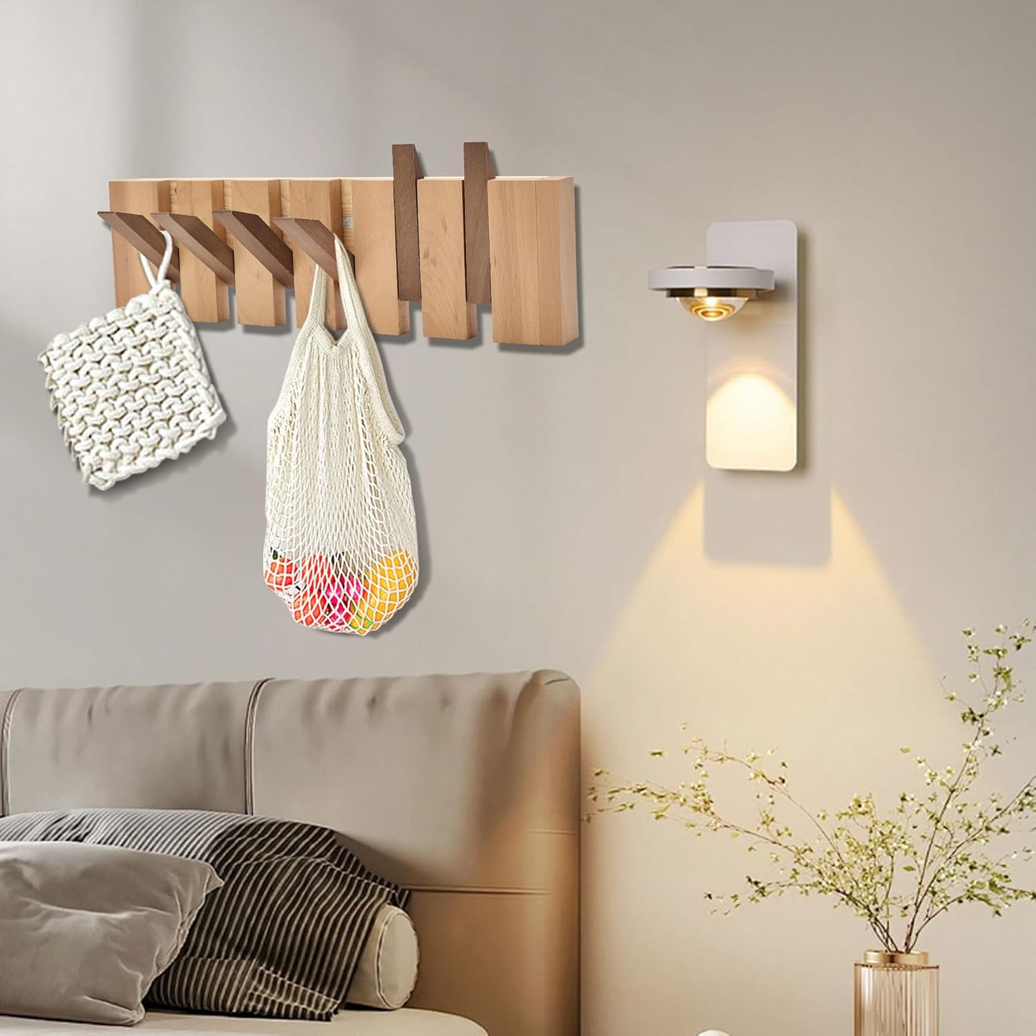 Natural Wood Wall Mounted Piano Coat Rack | Mounted Coat | Flip Up Wall Hook 6 Hooks | Entry Art Hooks in Walnut (Colorblock)