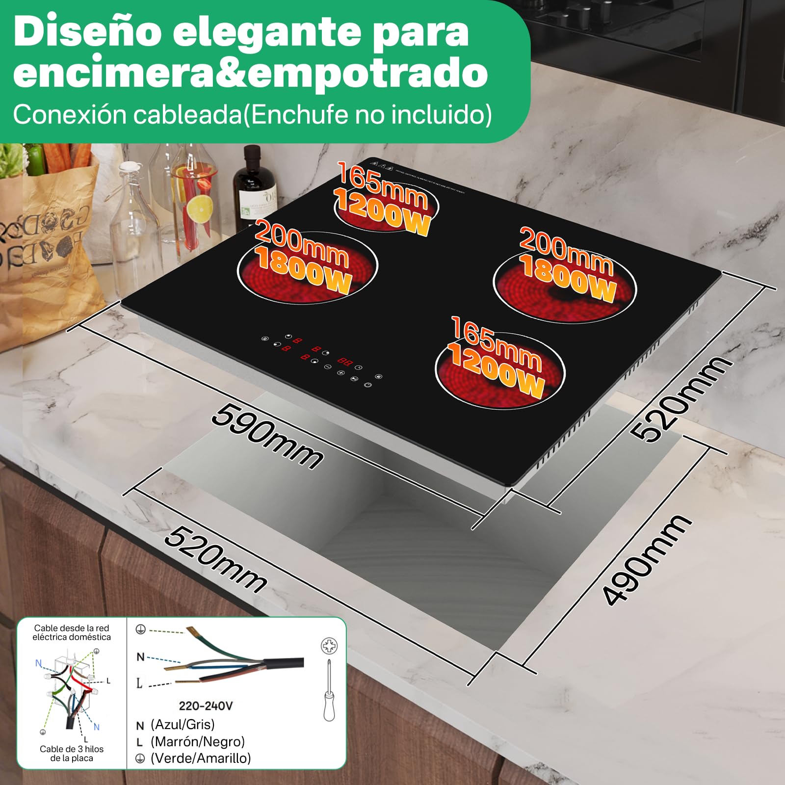 Placa Vitrocerámica 4 Zonas 60 cm, 6000W, Control Táctil, Calentamiento Individual, Placa Eléctrica Empotrable — view 7