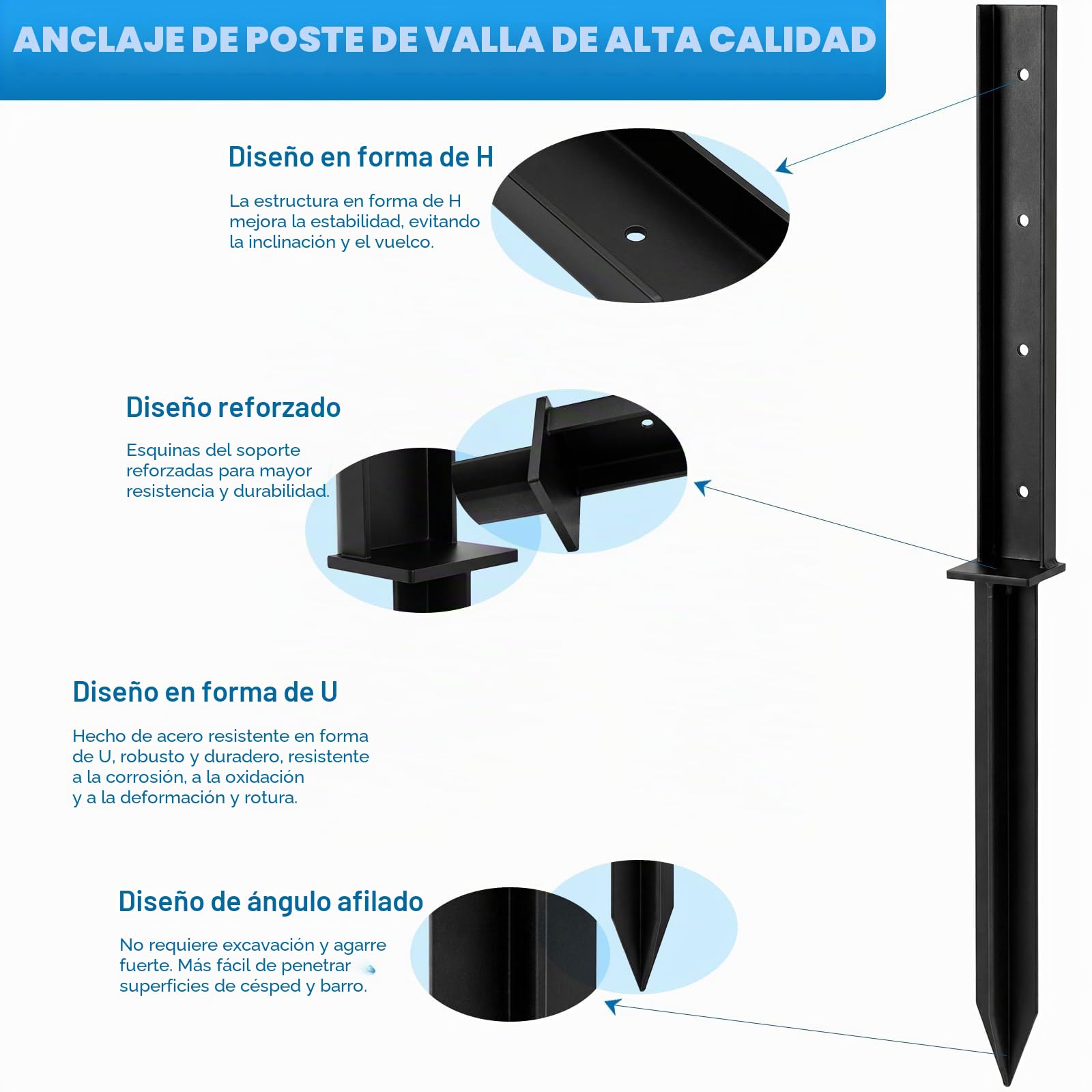 Kit Reparación Postes Valla 4 Piezas | Anclajes Acero Heavy Duty 81cm para Postes Madera | Repara Postes Torcidos, Sueltos y Podridos Sin Sustitución | Incluye Tornillos y Broca