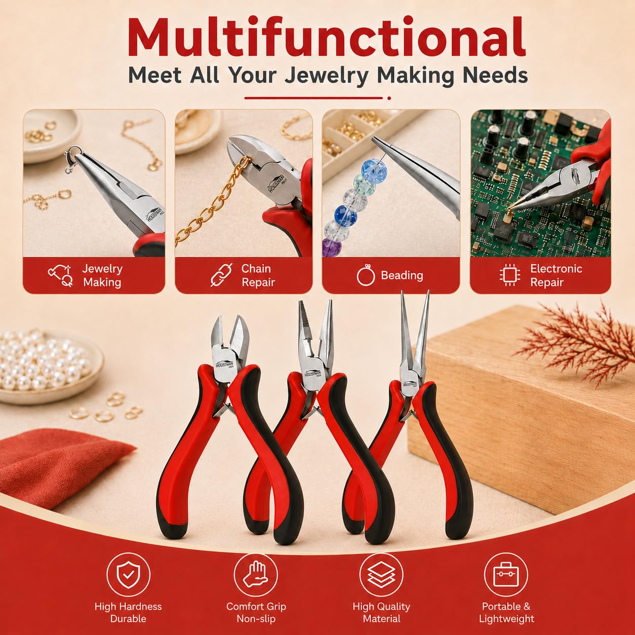 Juego de Alicates 3 Piezas, 127 mm, Punta Fina y Diagonal | Punta larga y corte diagonal, para creación de bisutería, wire wrapping, abalorios y DIY