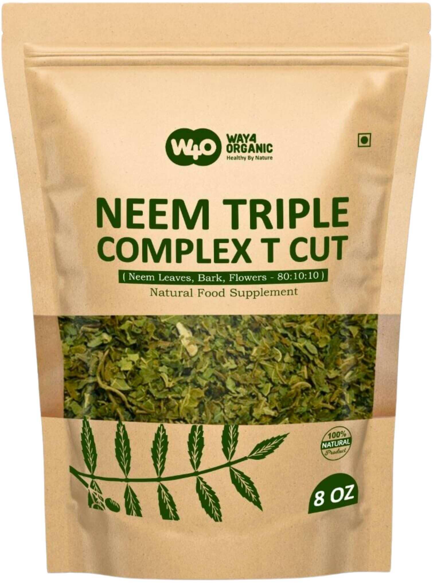 Neem Triple Complex T Cut (Not Powder), Good to Make Fresh Leaf Tea 8 Ounces, Leaves, Bark, Flower in Ratio(80:10:10) (1 Pack)