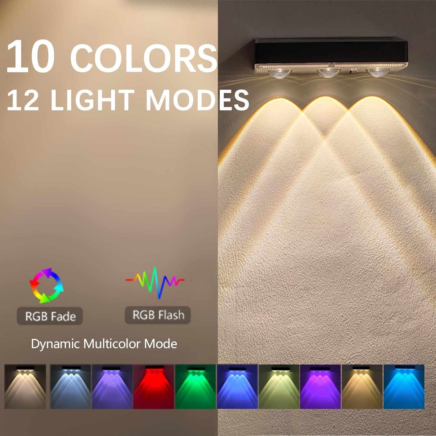 Solar Fence Lights Outdoor Waterproof，12pack High Brightness LED Spot Lens Deck Lights 10 Mode & RGB Solar Powered Wall Lighting Decor for Outside Wall, Deck, Patio, Yard, (Black-3lens, 12 pack)