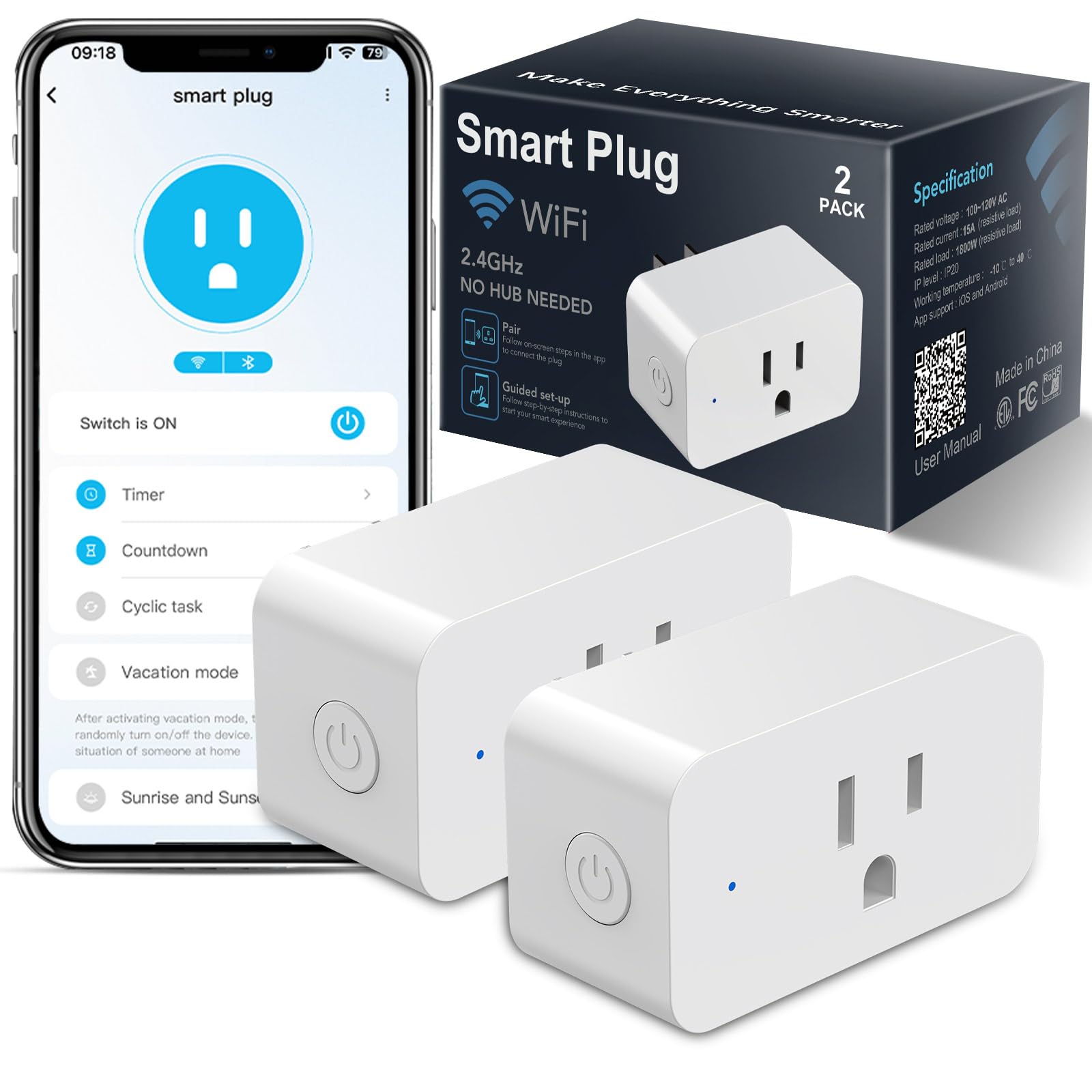 2 Pack Smart Plugs WiFi Outlets Compatible with Alexa Google Assistant 15A 1800W Max Smart Socket with Timer