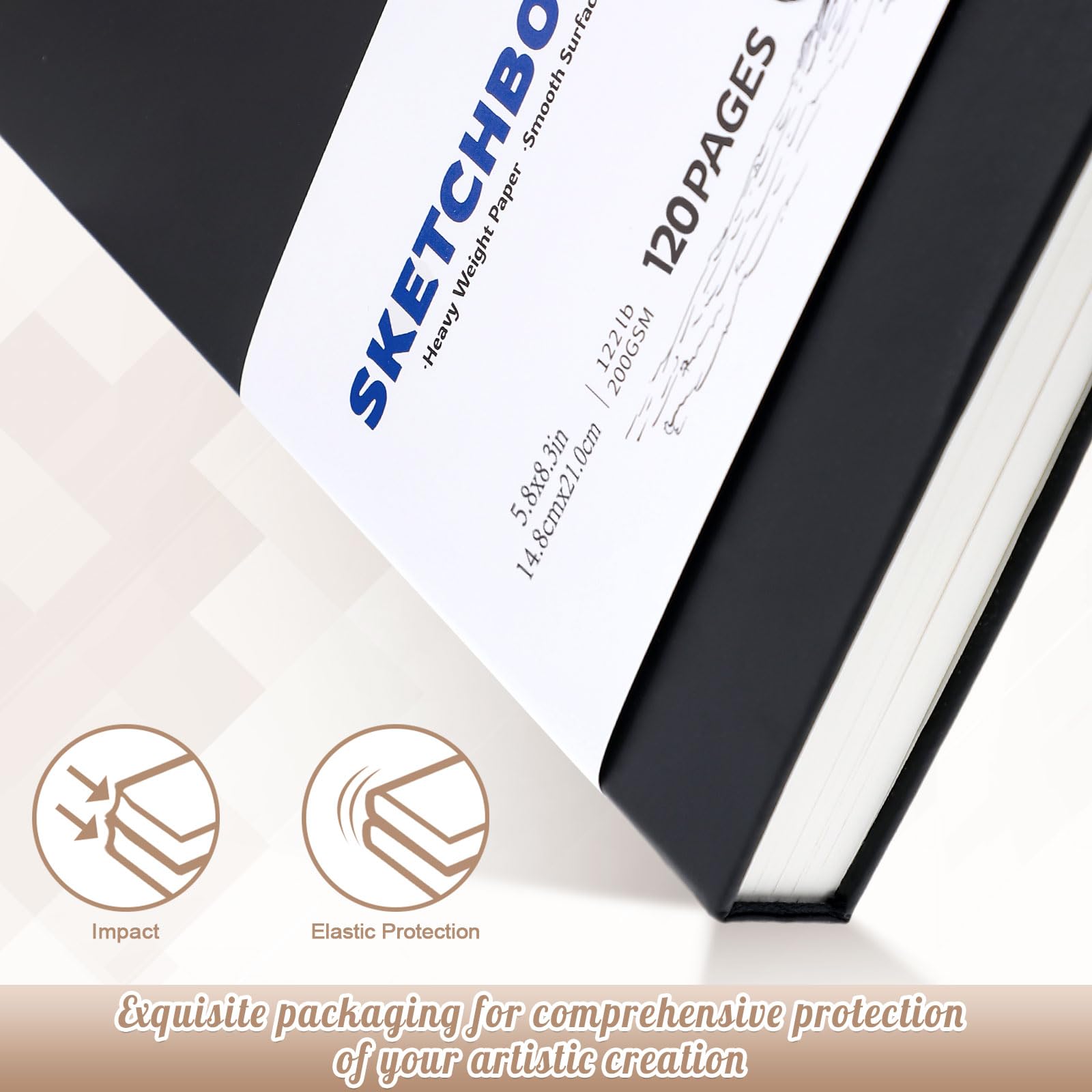 A5 Sketchbook 60 Sheets, Sketchbook with 200GSM Thick Paper - Black Hardback Art Drawing Pad for Sketching 14.8 x 21 cm, 120Pages - Image 3