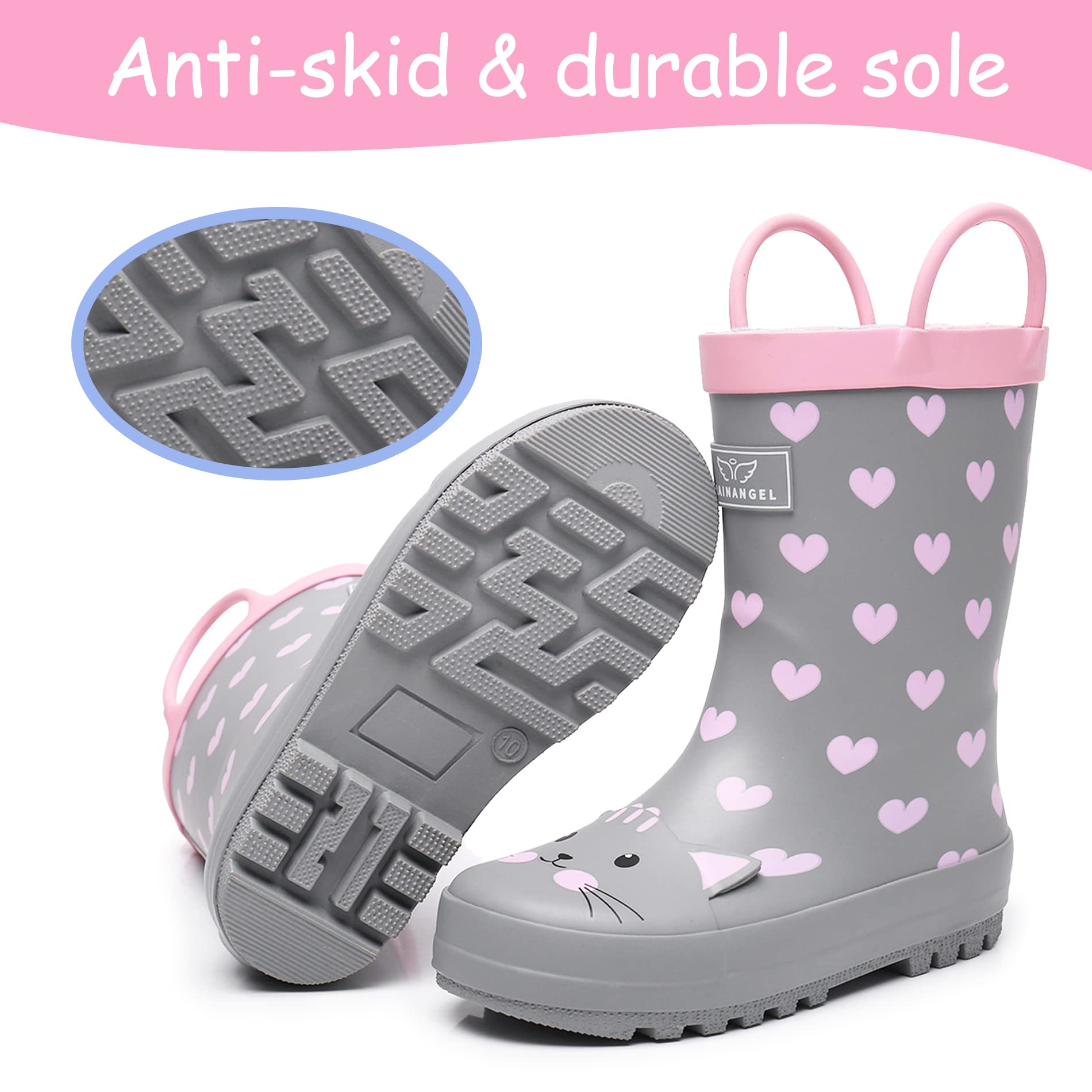 RAINANGEL Botas de lluvia para niños pequeños con asas fáciles de poner, botas de lluvia de goma impermeables para niñas y niños, en divertidos estampados y colores, unisex, botas de lluvia para