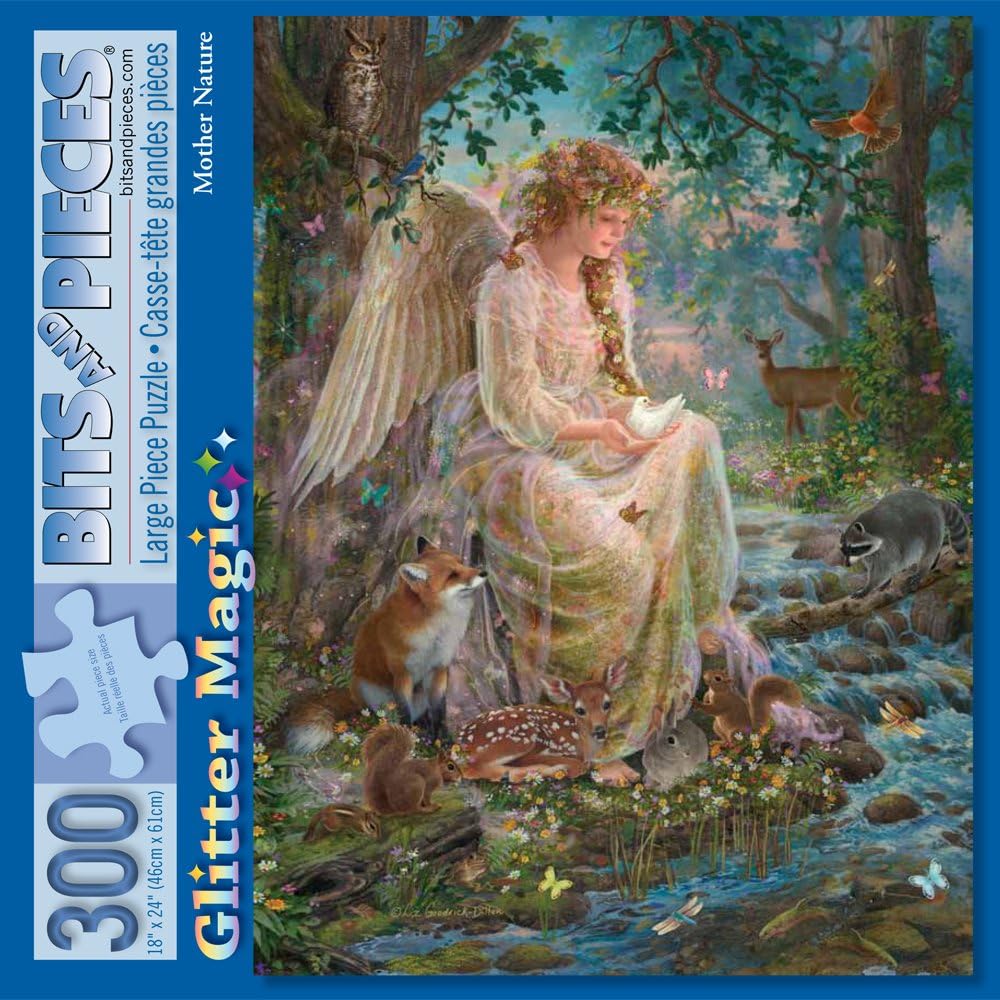 Bits and Pieces - 300 Large Piece Embellished Glitter Jigsaw Puzzle for Adults - Mother Nature - 300 pc Forest Fantasy Angel Jigsaw by Artist Liz Goodrick-Dillon