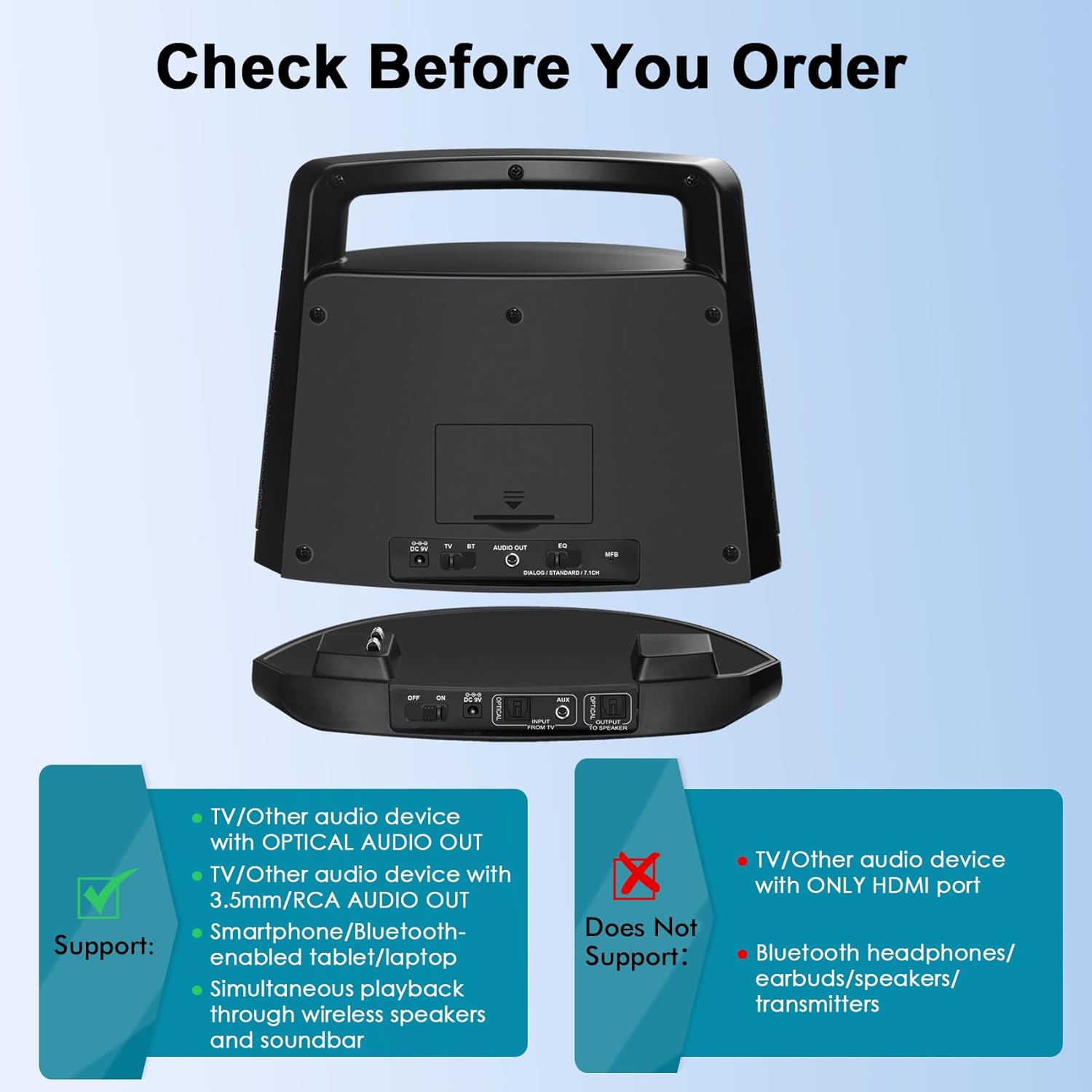 SIMOLIO 621D PLUS Wireless TV Speakers for Hard of Hearing & Seniors - Voice Enhanced Bluetooth Speaker for Smart TVs with 3 EQ & 2 Powerful Loudspeakers, 164ft Range, TV & Bluetooth Modes, 2 Adapters - Image 5