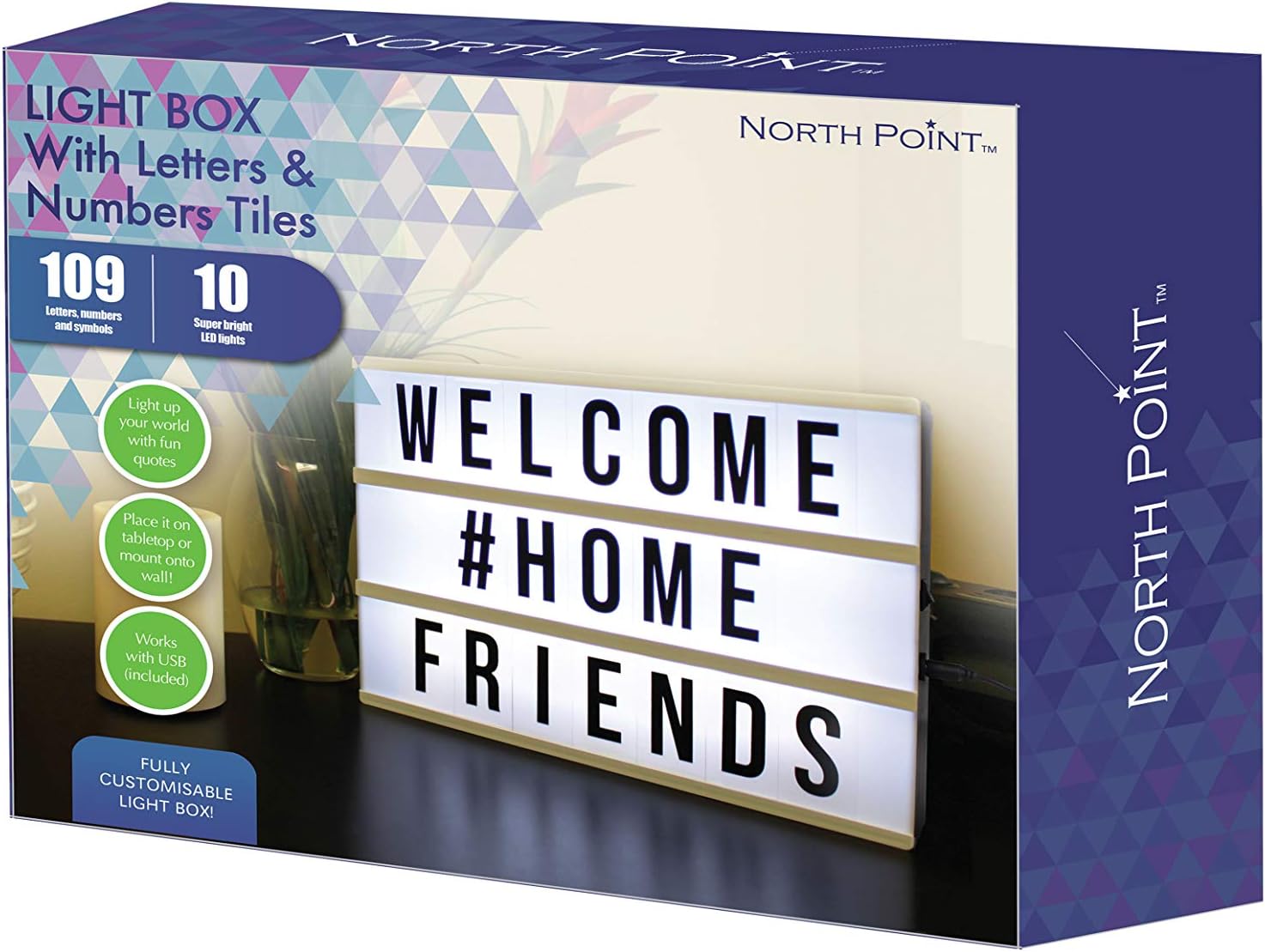 Northpoint White Po 10-LED Black Decor Mini Box with 109 Letters, Numbers and Characters, Home Lighting, Wall Mounted or Tabletop, Battery or USB Powered - GM8292