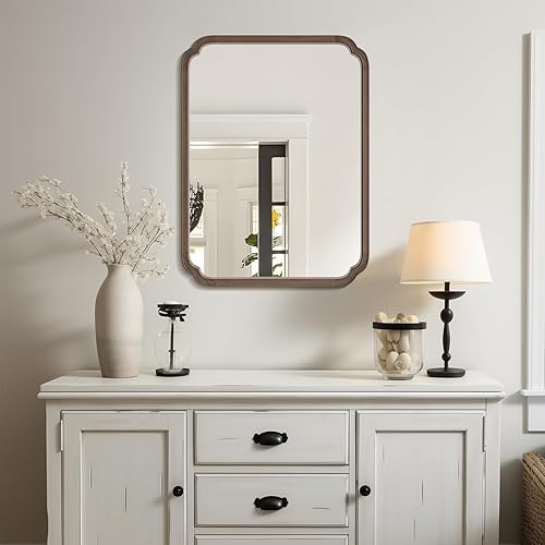Miniatura 3 de WallBeyond Espejo de baño de madera de 30 x 40 pulgadas para montar en la pared, espejo rústico de esquina redondeada para entrada, sala de estar o