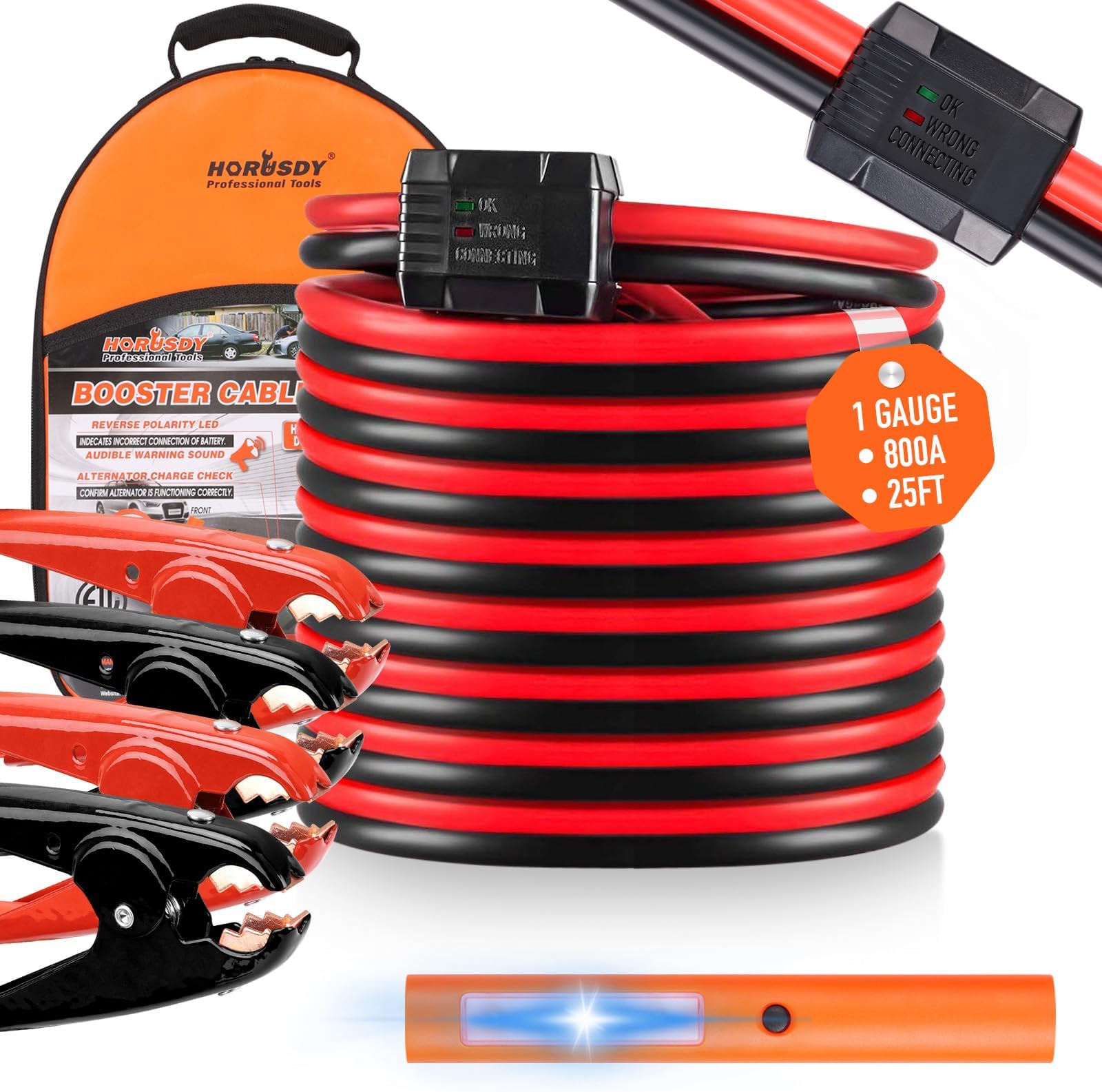 - HORUSDY 25FT Jumper Cables, 1-Gauge 800A Heavy Duty Jumper Battery Cables 25 Ft Booster Jump Start, Reverse Polarity Protection - ETL Certified